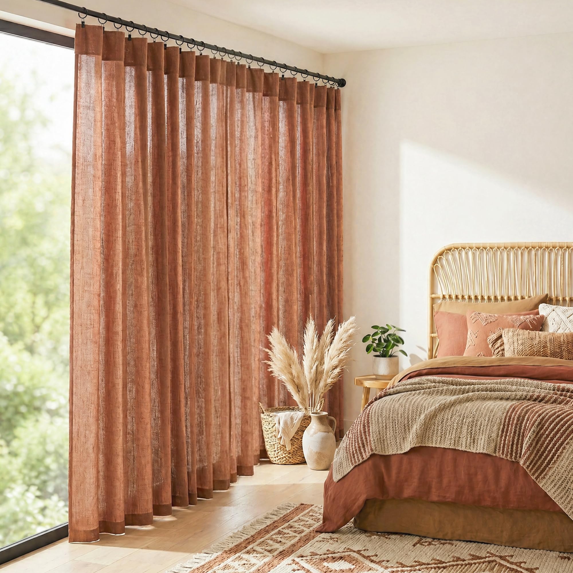 Cortinas para Salas Modernas Bohemian-Vorhänge für Wohnzimmer, mit Rückenlasche, Boho-Stil, Leinen, halbtransparent, Terrakotta-Vorhang, 228 cm lang, 2 Paneele, Cooles, maximalistisches Rost-Dekor