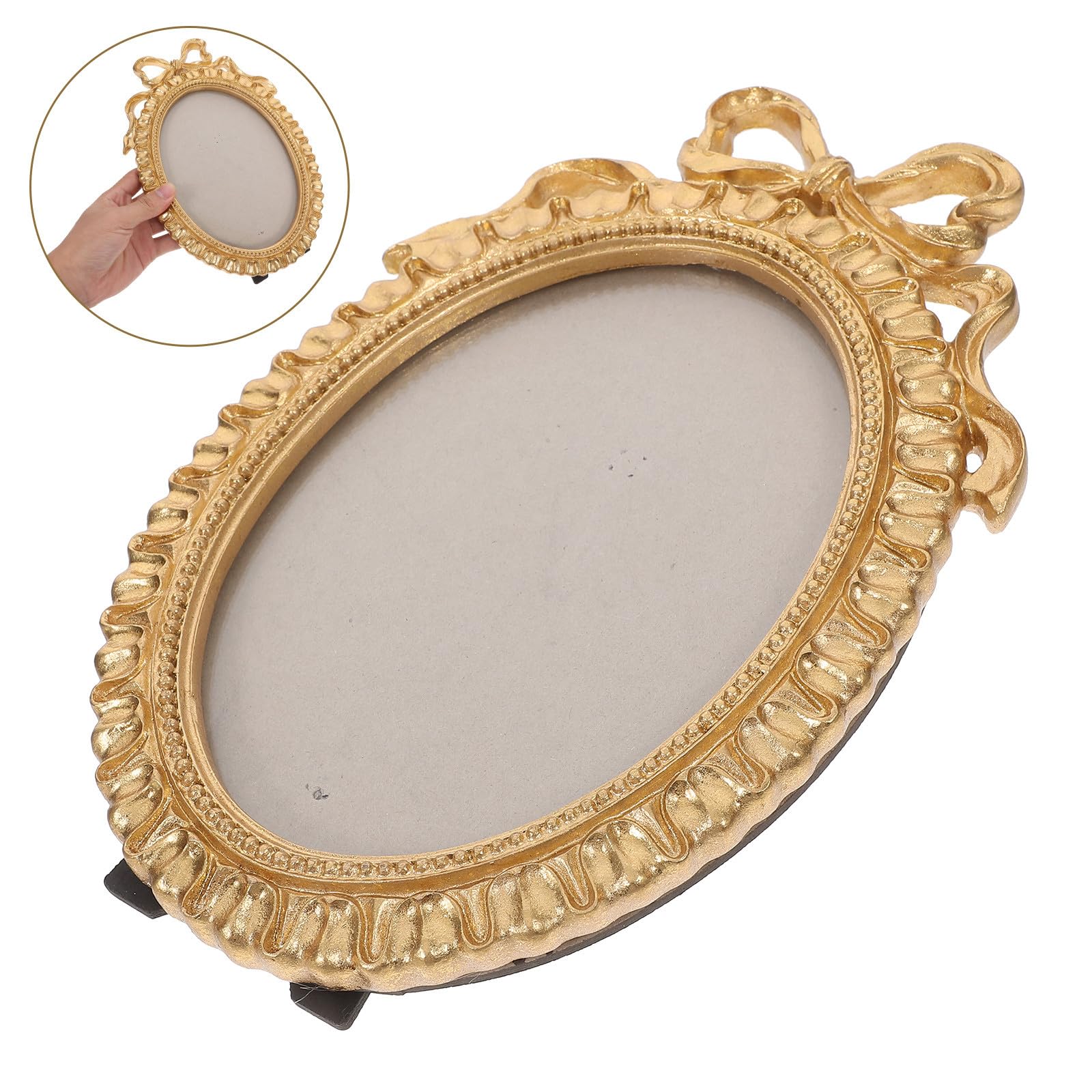 Marco de Fotos Ovalado de Resina Dorado con Lazo Vintage, Fácil de Limpiar, para Exhibición en Mesa o Colgar en Oficina y Bodas