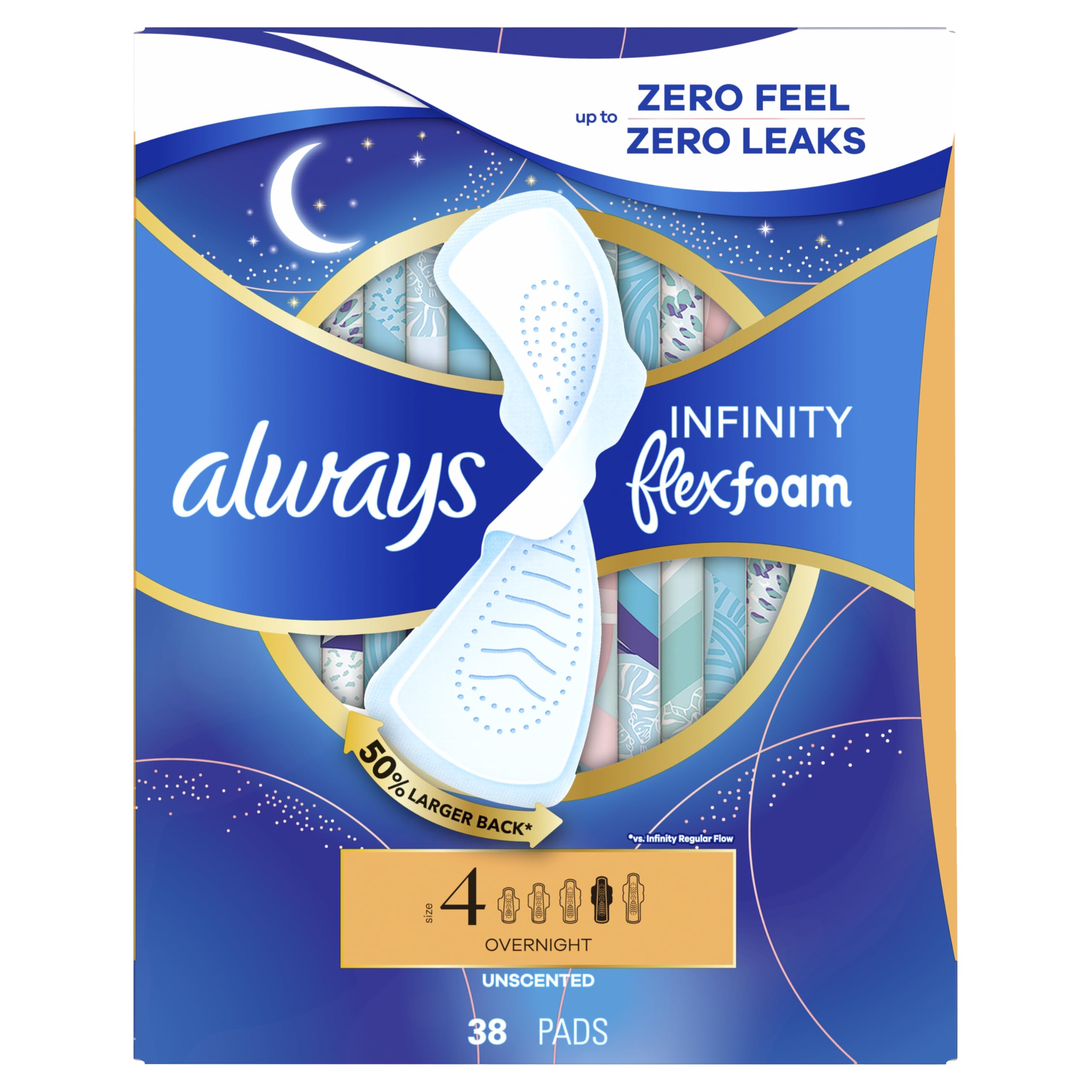 Always Infinity Kobiece poduszki dla kobiet, rozmiar 4 na noc, ze skrzydełkami, bezzapachowe, 38 szt