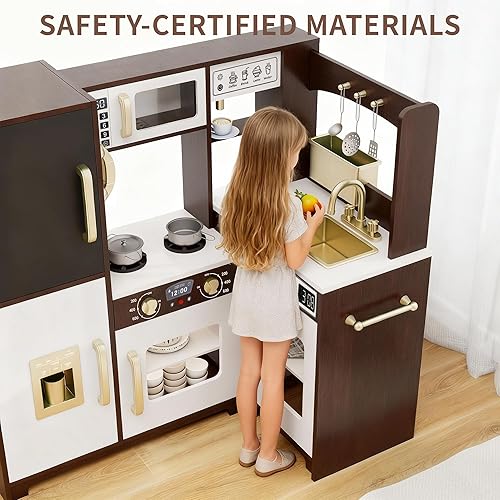 Miniatura 8 de Juego de cocina para niños con luces y sonidos, cocina de esquina de madera con fregadero, horno, máquina de hielo y accesorios de juego de