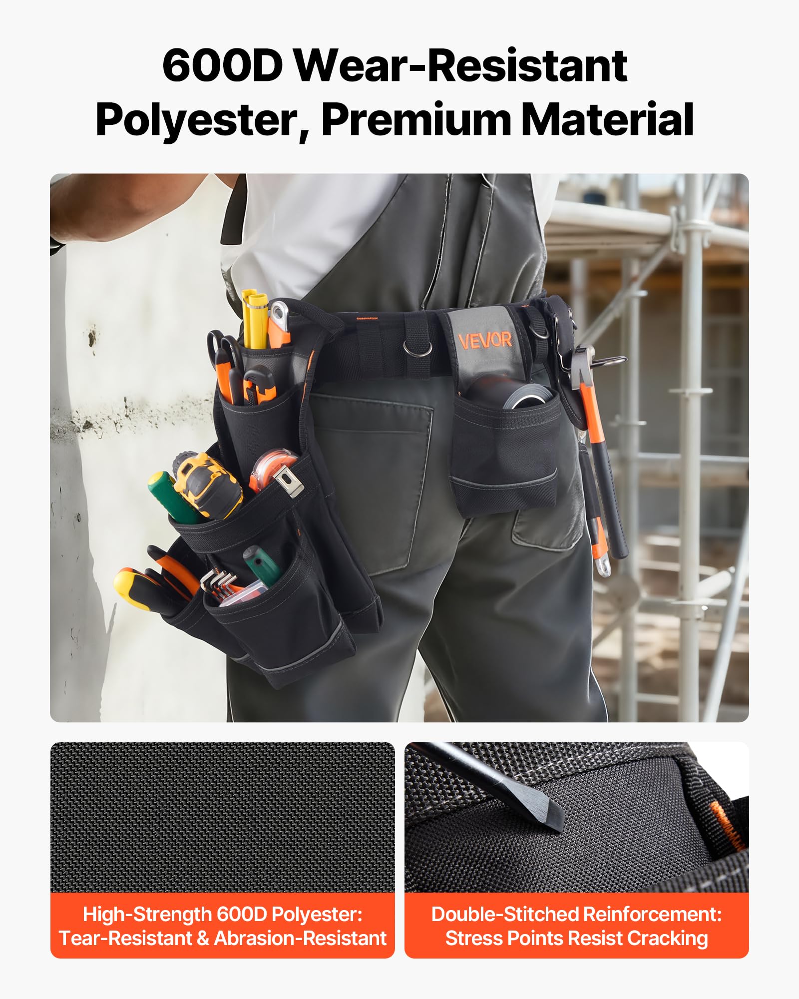 VEVOR Marsupio Porta Attrezzi da Elettricista con 18 Tasche, Borsa da Lavoro Staccabile per Elettricisti, Carpentieri, Costruttori, per Grembiuli da Lavoro, Vita Regolabile da 80 a 131 cm