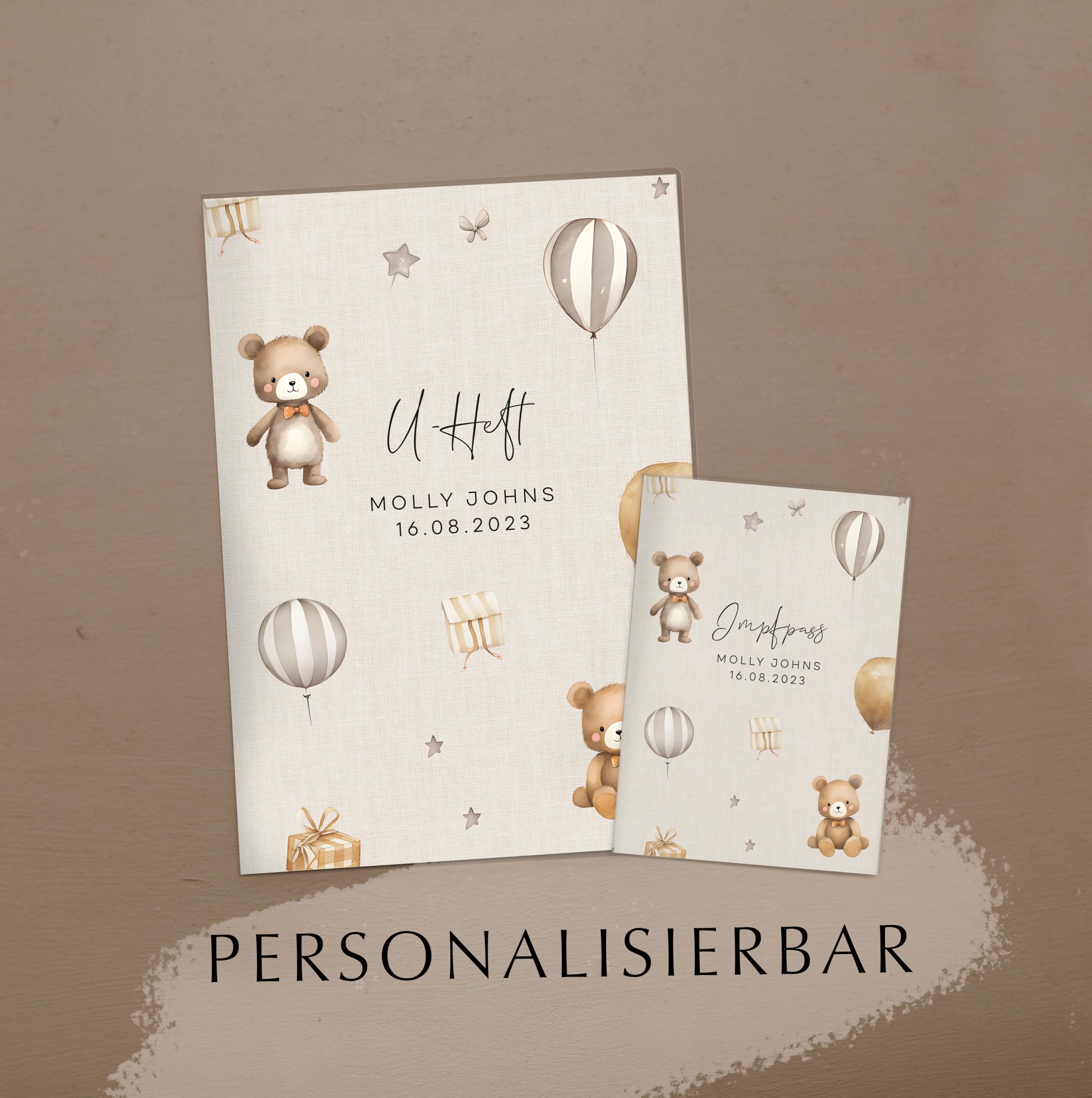 U-Hefthülle mit Zusatzfach und Impfasshülle Set personalisierbar mit Name Datum in Beige | Schutzhülle mit Aquarell Bären Luftballons (Molly Beige, U-Heft m. Zusatzfach & Impfpasshülle)