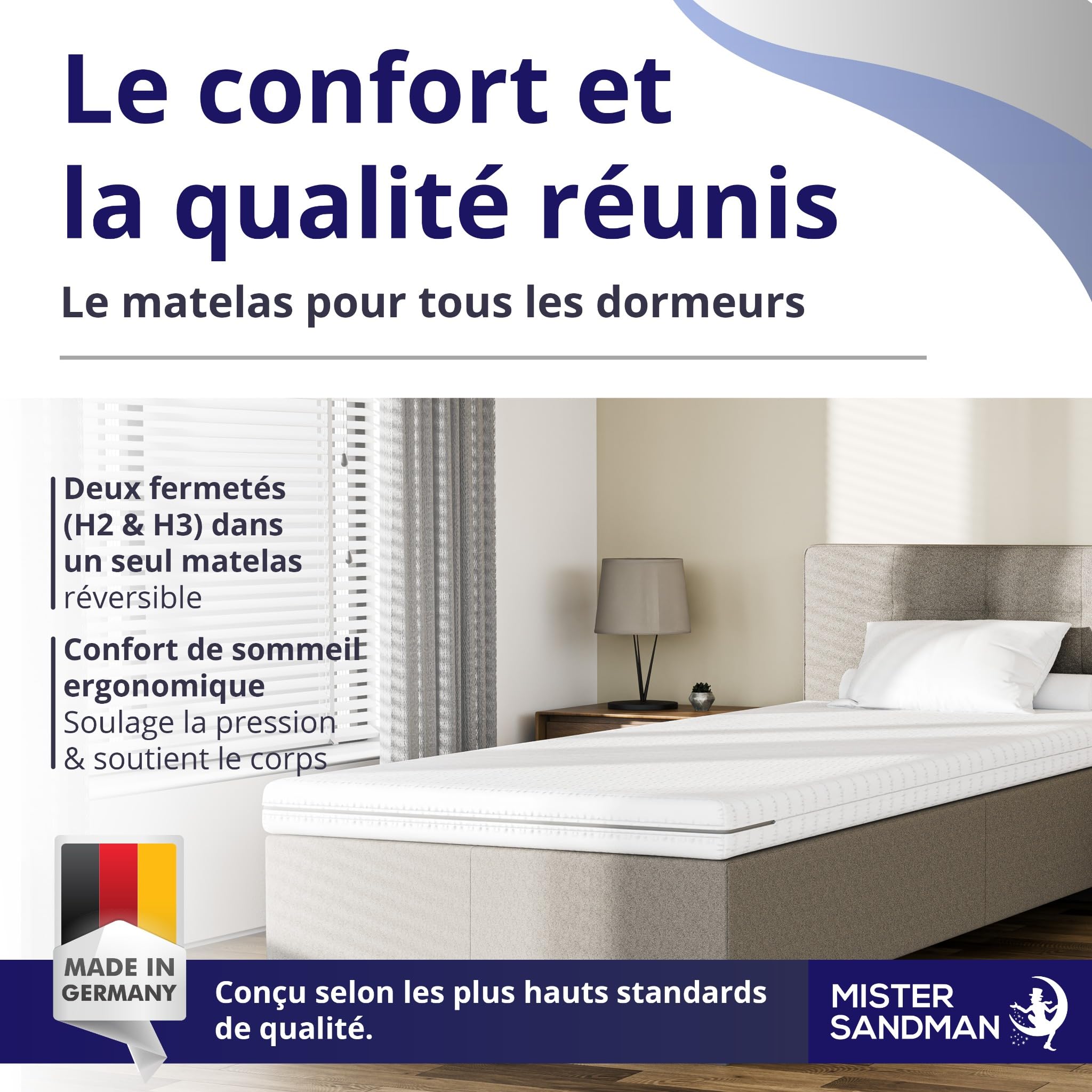 Mister Sandman Matelas en Mousse 7 Zones 80x200 cm, 18 cm, Soutien Ferme, Réversible, Housse Lavable, Certifié Oeko-TEX, Fabriqué en Allemagne