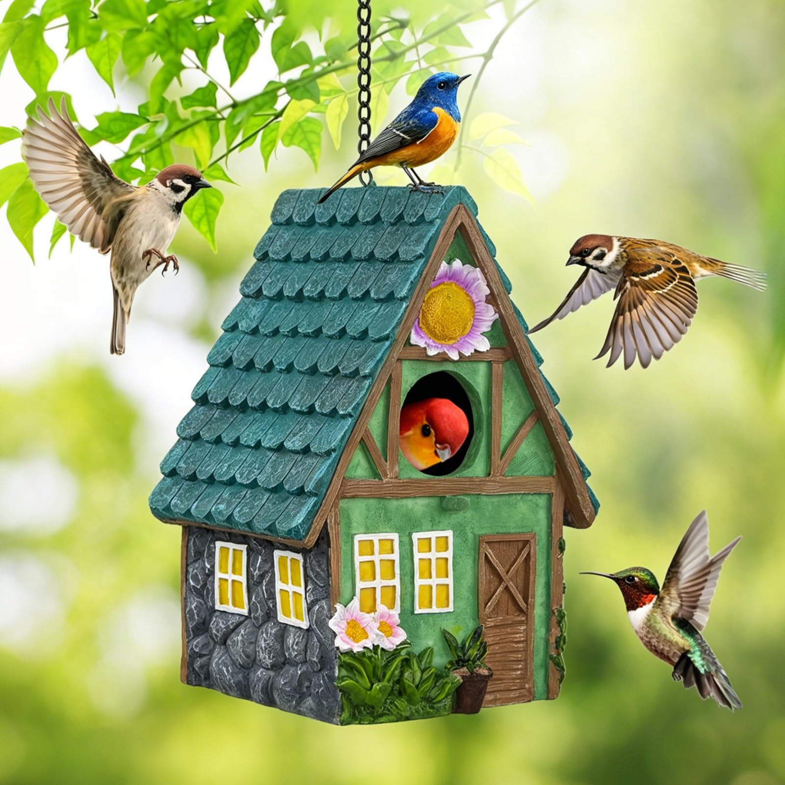 Bird Houses For Garden, Colourful Garden Resin Bird Nesting Box with Entrance Hole, Bird House with Hanging Chain, Weatherproof Bird Box for Hummingbird, Bluebird, Swallow, Wren, Robin, Finch