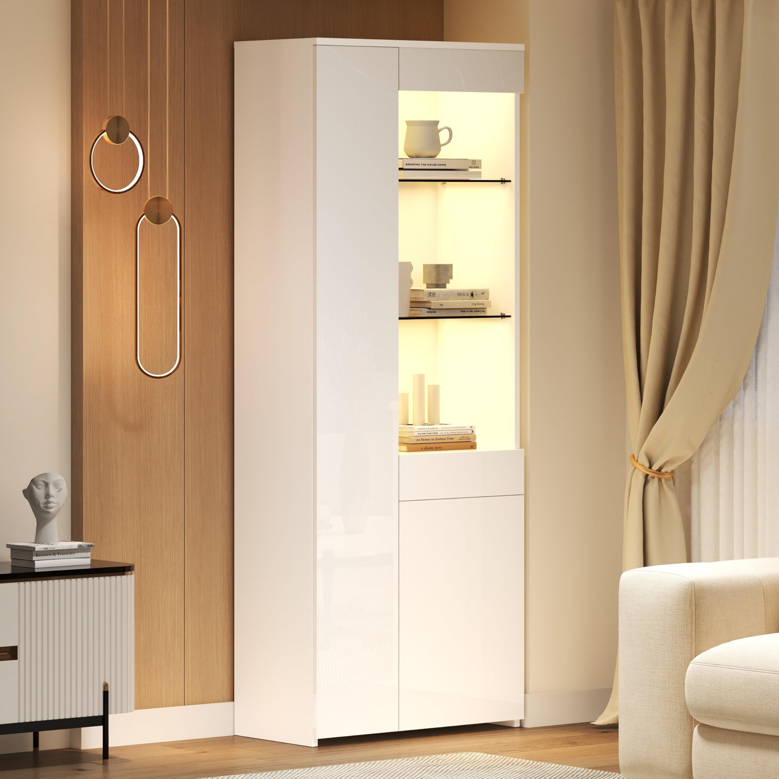 SUKY Vitrina con cajones, 70 x 35 x 180 cm, vitrina de alto brillo, vitrina de cristal con iluminación LED, armario alto con armario, vitrina de pie, almacenamiento en pared divisoria