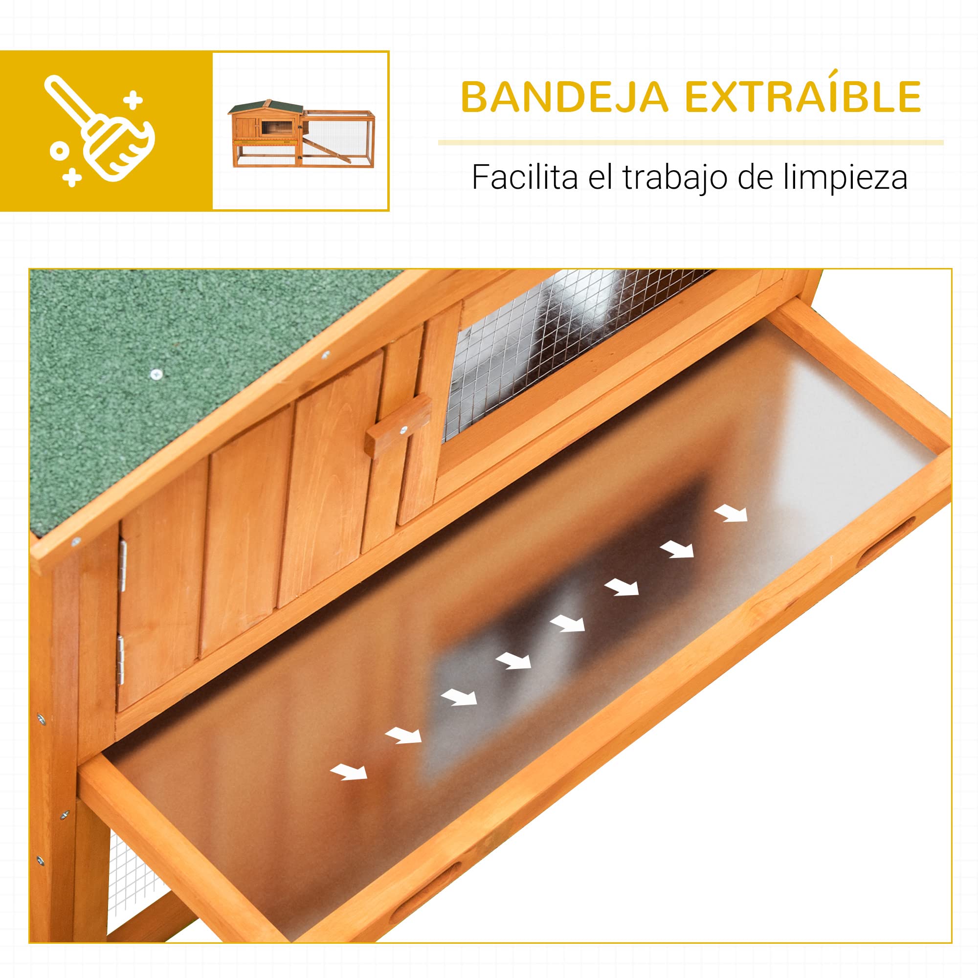PawHut Conejera de Madera Exterior Jaula para Conejos de 2 Niveles 156x58x68 cm con Techo Asfáltico 2 Corrales de Metal Bandeja Extraíble 2 Puertas Ventana y Rampa Natural