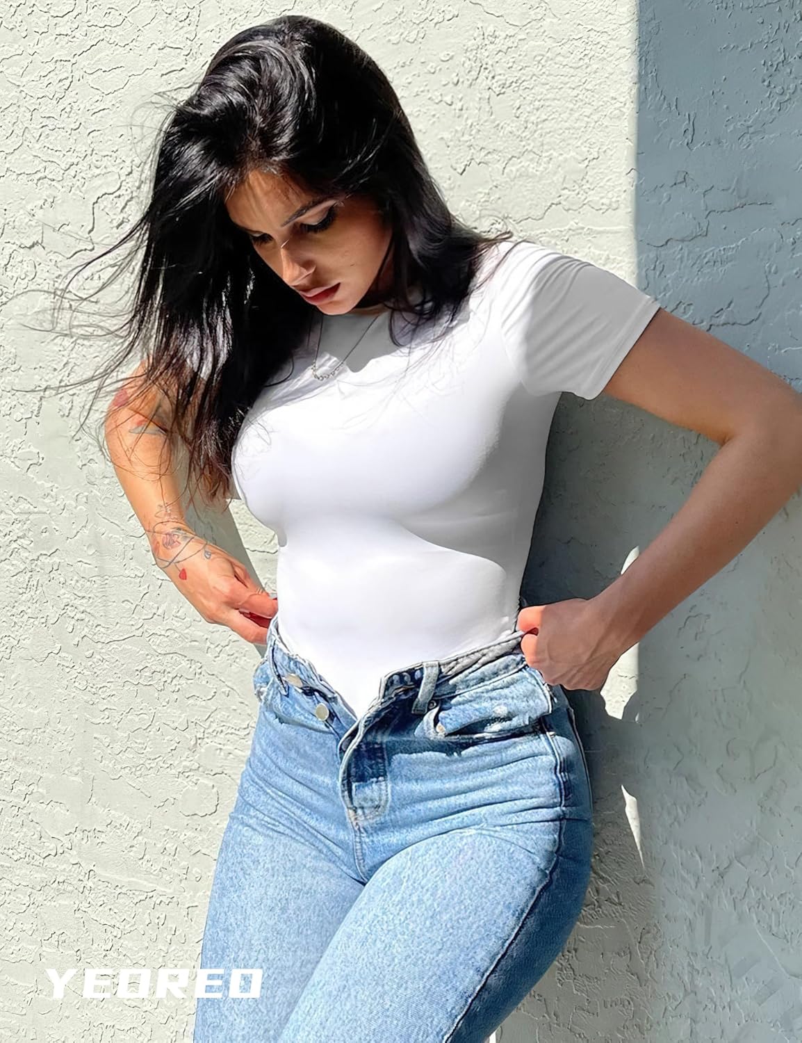 YEOREO Women Fitted Workout Tops Short Sleeve Double Lined Basic Y2K Going Out Crew Neck Compression Crop Top - Image 3