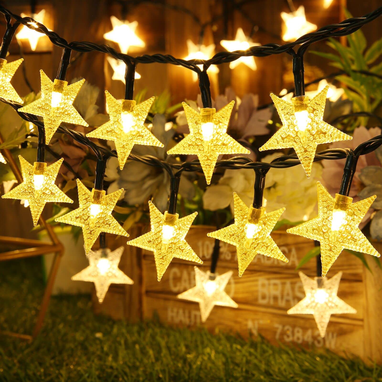 Goodern Christmas Solar Star String Lights,12M 100 LED Xmas Outdoor Waterproof Lighting String 8 Lighting Modes Solar Nightlight for Christmas Tree Indoor Party Garden Decorations Star Lights-Yellow
