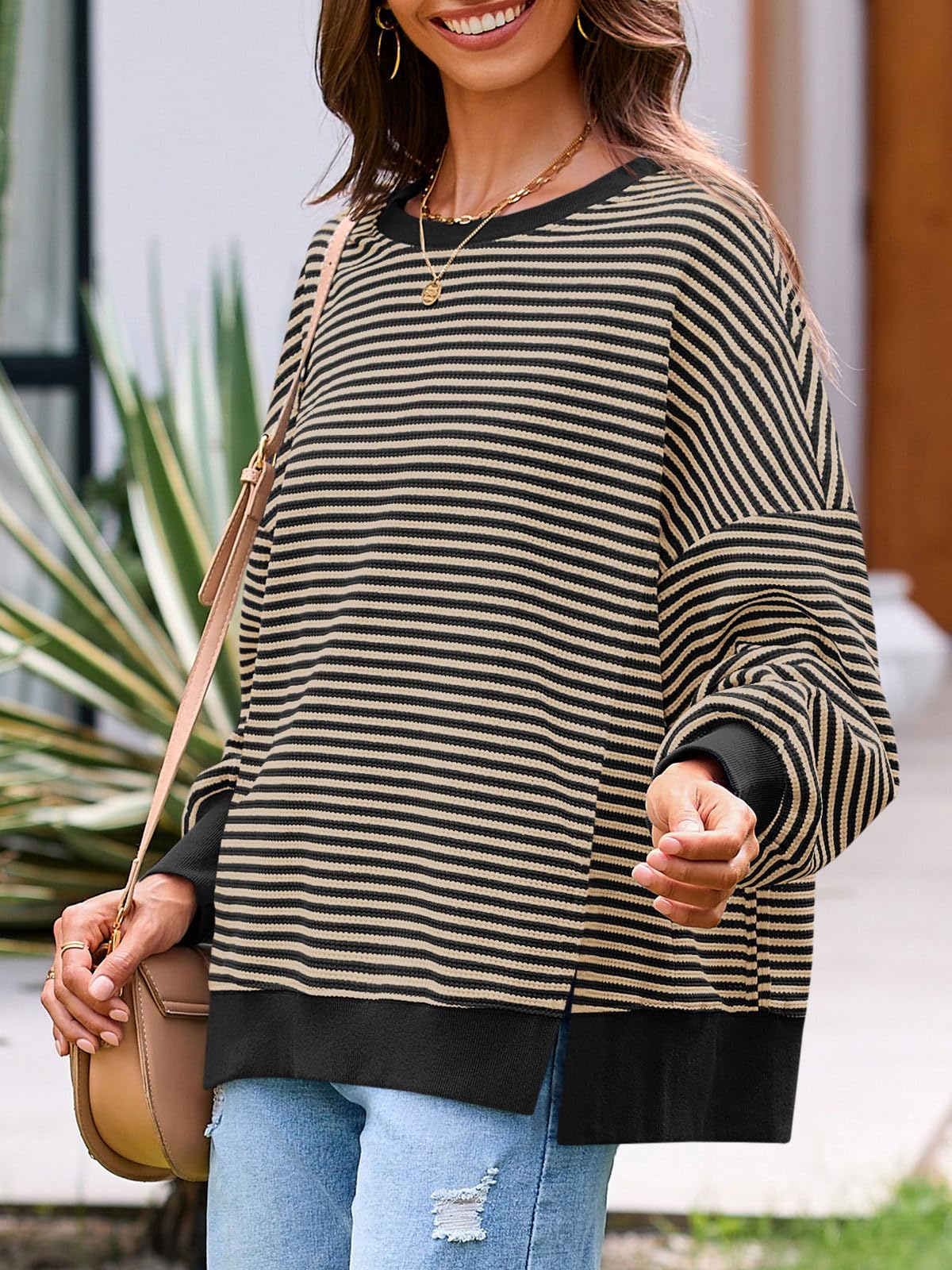 Sudadera de otoño de gran tamaño para mujer, informal, de punto gofre, manga larga, cuello redondo, dividida, túnica — view 3