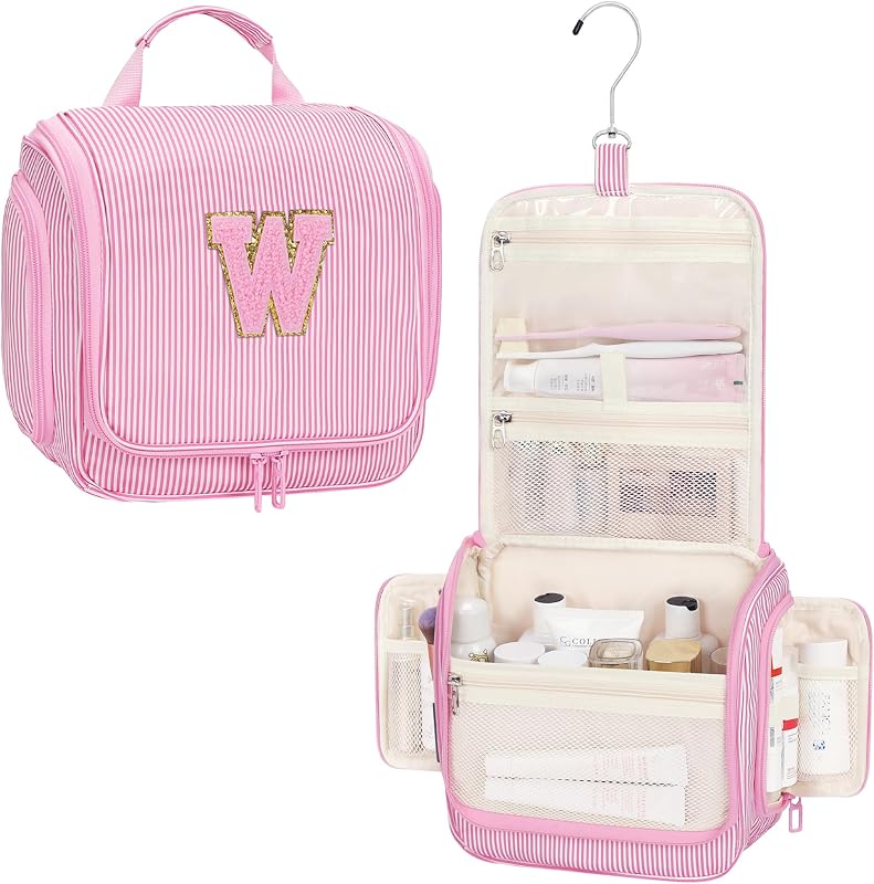 Necessaire suspensa Relavel com compartimentos, gancho giratório e patch inicial, rosa listrado, modelo W