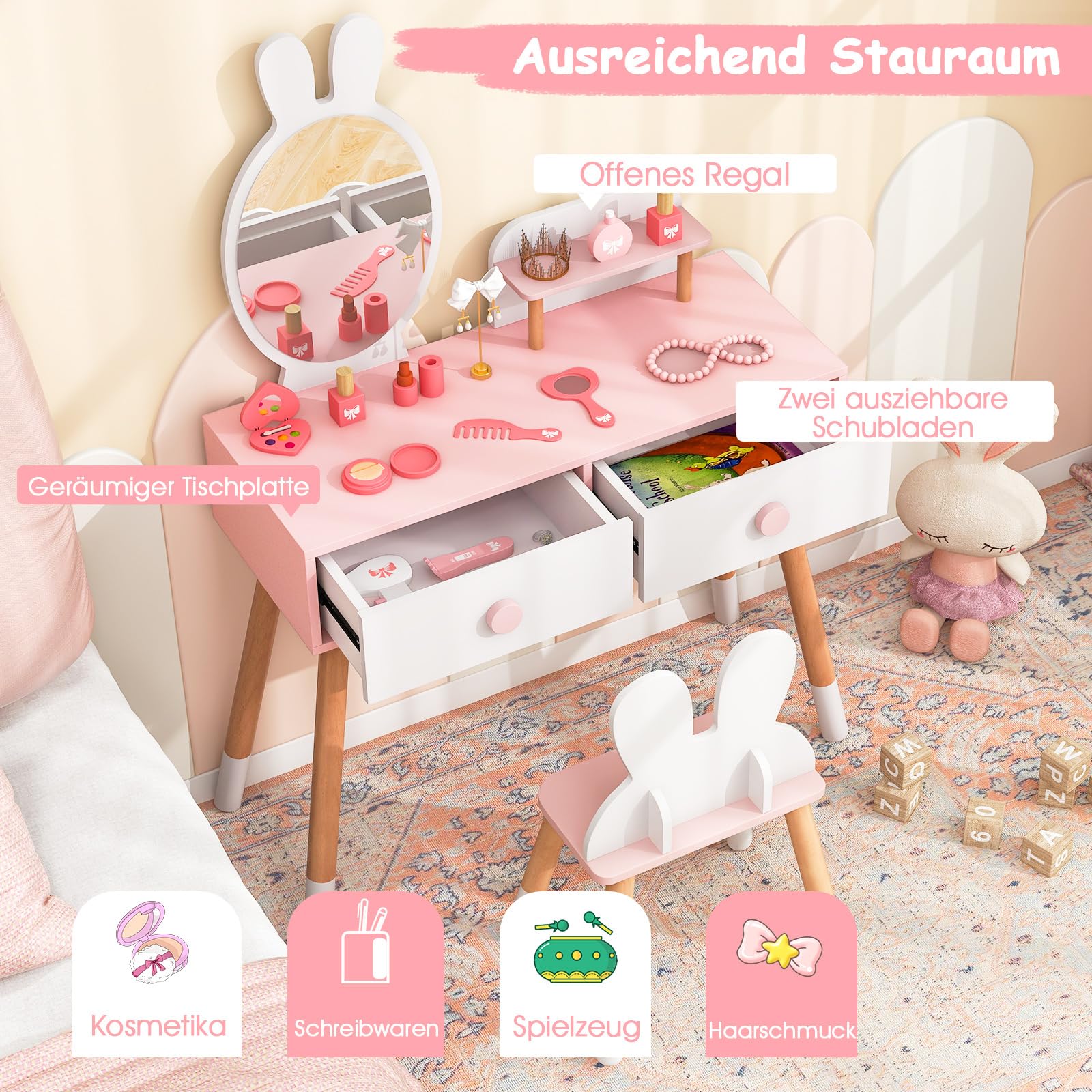COSTWAY Kinder Schminktisch Set mit Kaninchen Design, 2-in-1-Frisiertisch mit Spiegel, 2 Schubladen & Ablage, Schminkset mit Massivholzbeinen für Mädchen (Weiß)