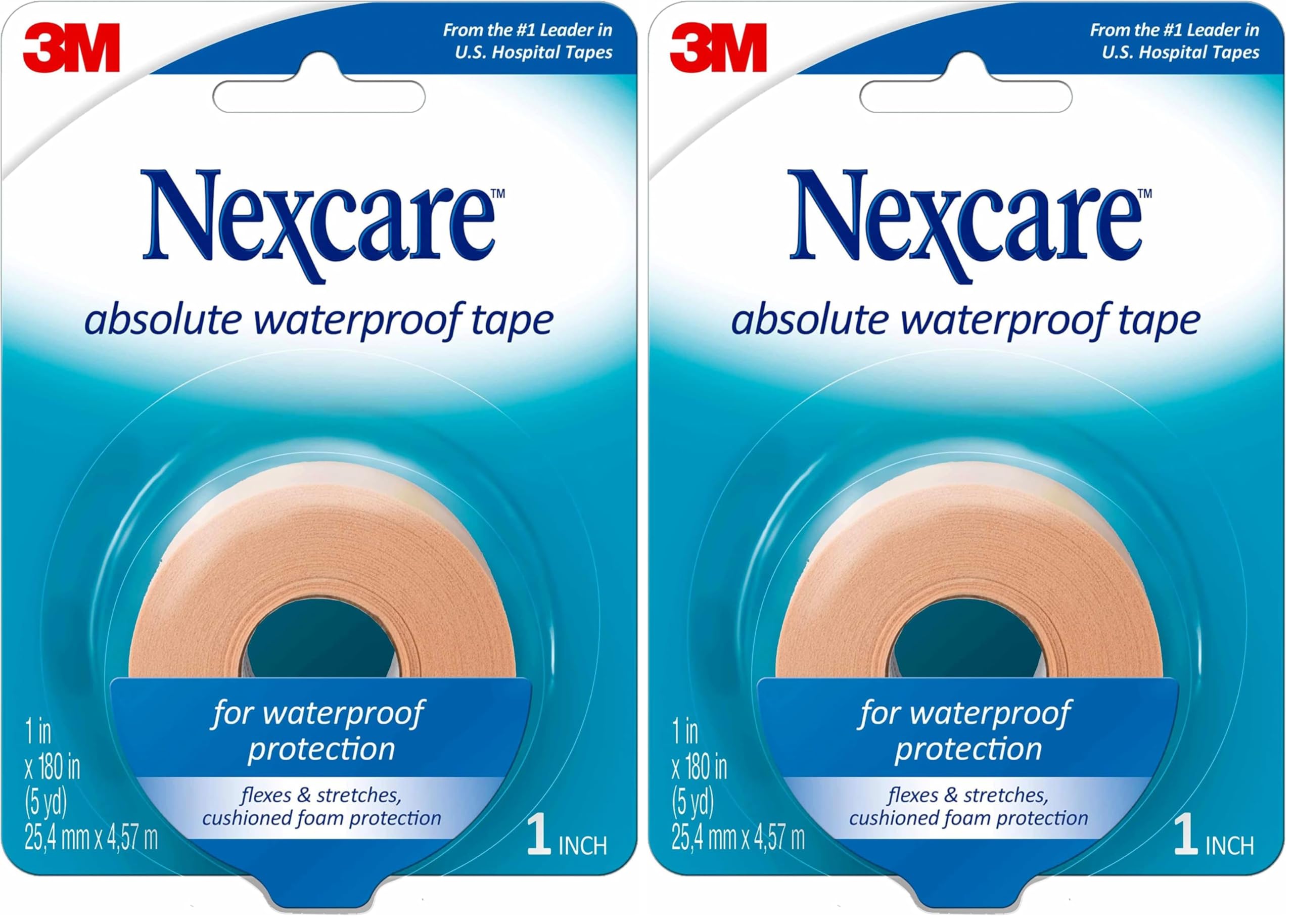 Nexcare Absolute Waterproof Tape, Flexible Foam Medical Tape, Secures Dressing and Keeps Wounds Dry - 1 in x 5 Yds, 1 Roll of Tape (Pack of 2)