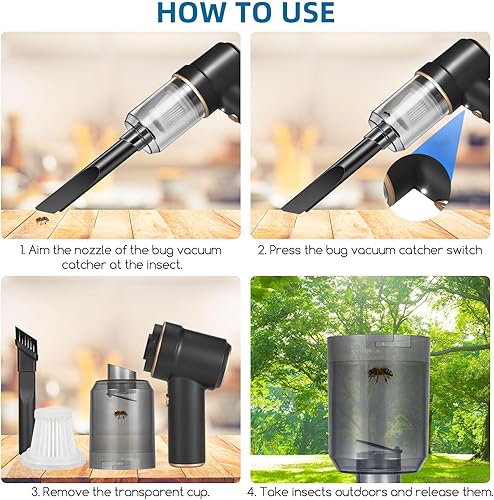 Miniatura 4 de Atrapasador de insectos, trampas para atrapar insectos y arañas, agarrador de insectos recargable con cabezal de cepillo y cable de carga y boquilla