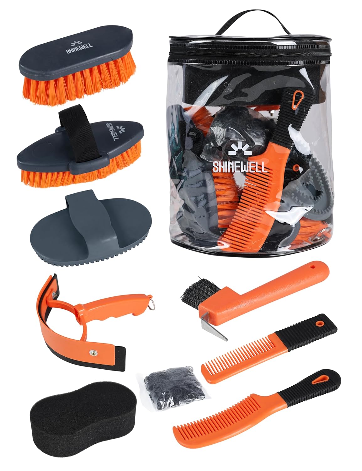 Horse Grooming Brushes Kit 8 pieces with Organizer Bag Horse Grooming Care Series Horse Brush Sets Orange