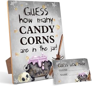 Halloween Party Game, How Many Candy Corns (1 Wooden Sign with Stand + 50 Guessing Cards), Halloween Party Favors Supplies, Family Activity - MB05