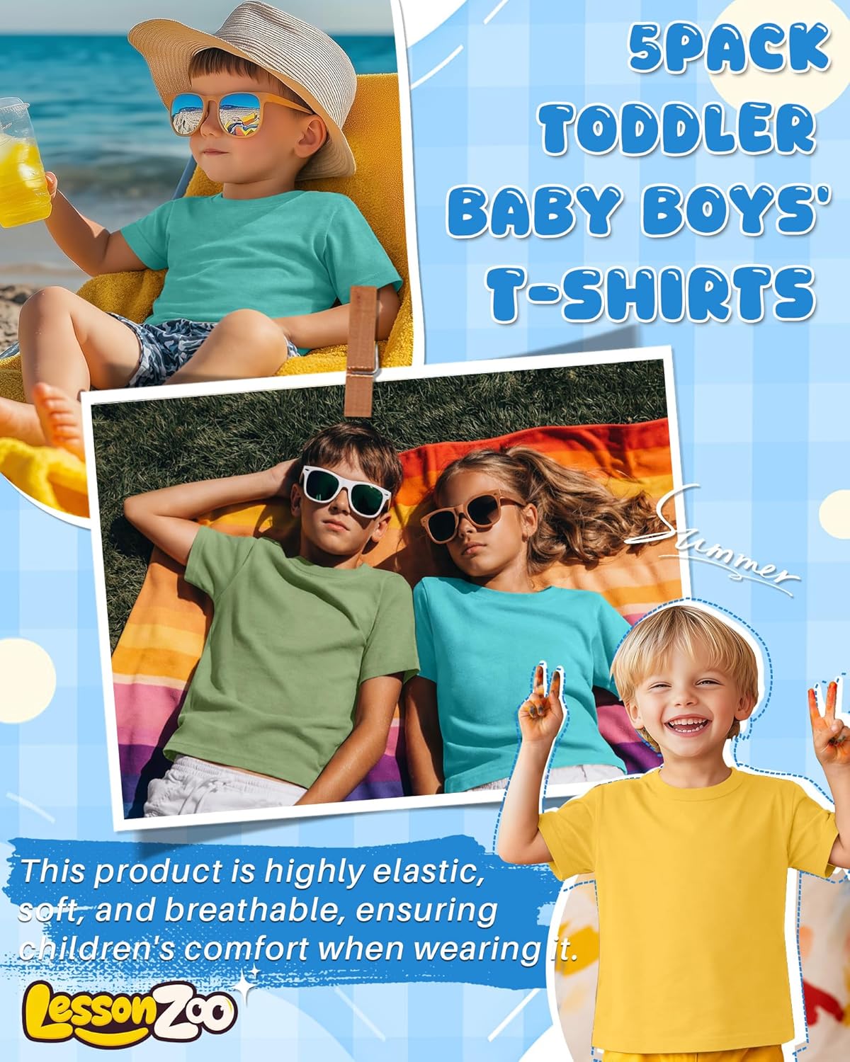 5 Pack Toddler Boys' Short Sleeve Shirts Little Kids Solid T-Shirts Summer Crew Neck Loose Fit Top Basic Tee 18M-5T