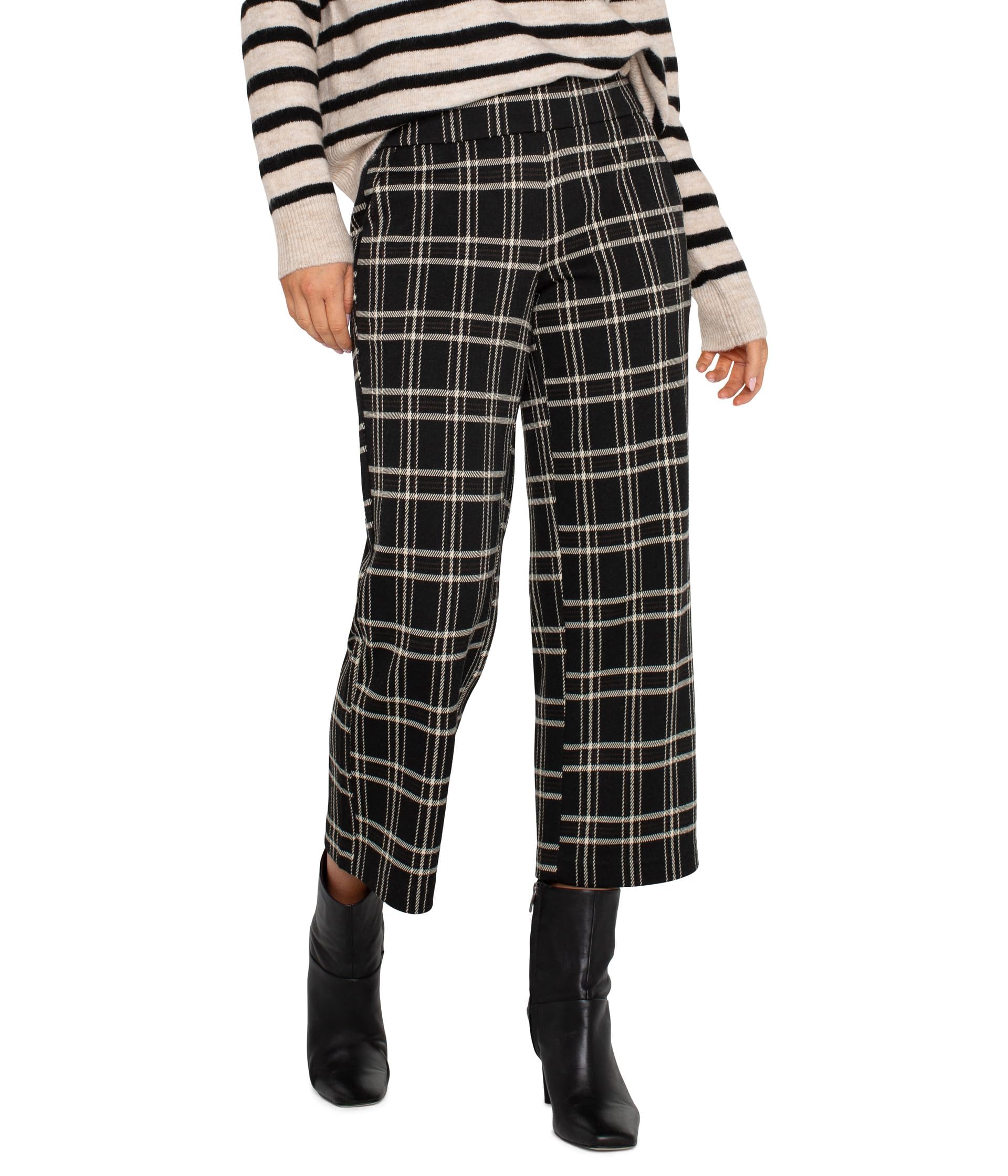 Liverpool Los Angeles Womens Mabel Pull-On Ankle Straight Mid Rise Windowpane Plaid Knit Black Oatmeal Windowpane Size X-Small