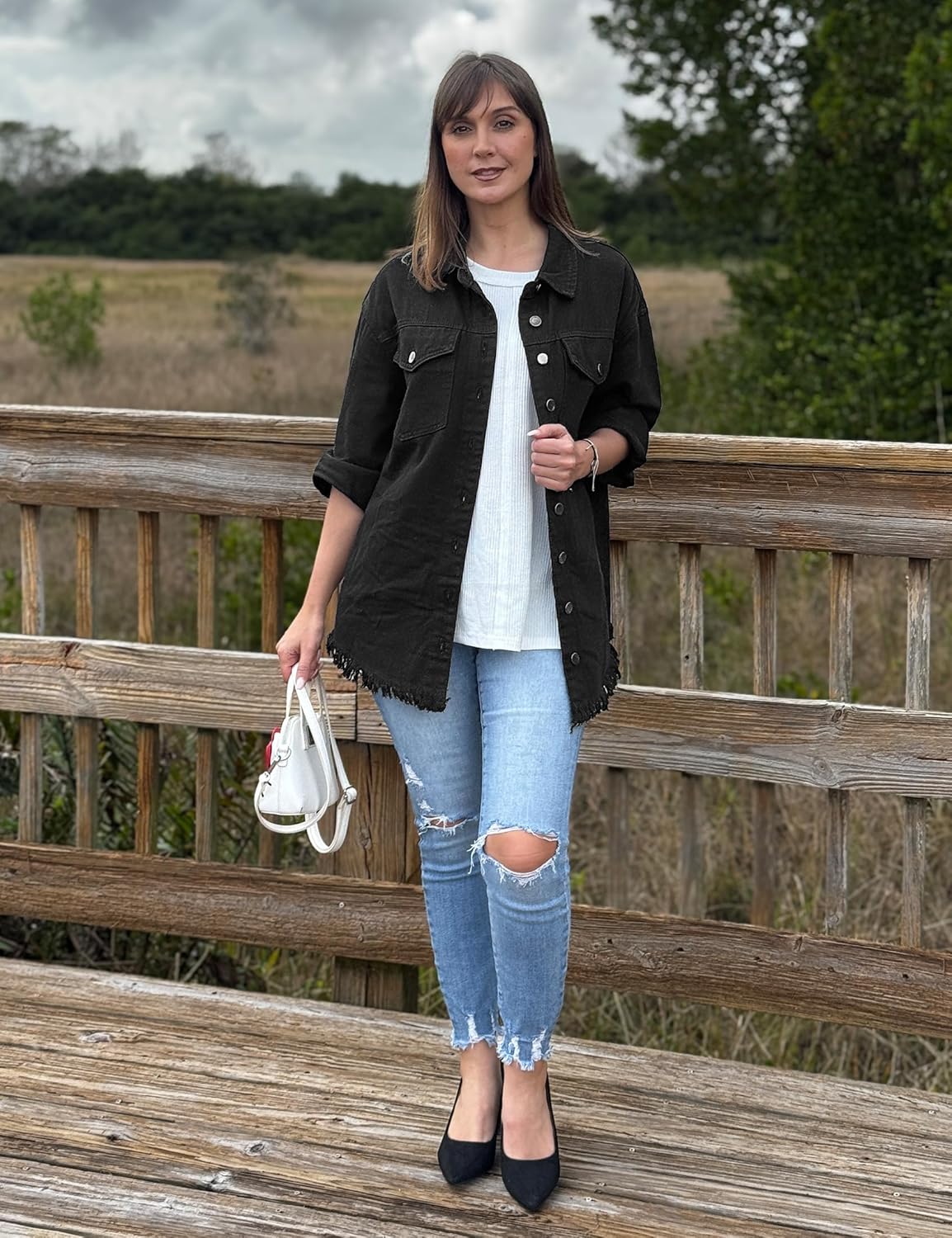 luvamia Denim Jacket for Women Oversized Button Down Casual Jean Shacket Jackets Long Sleeve Frayed Hem Western Trendy - Image 5