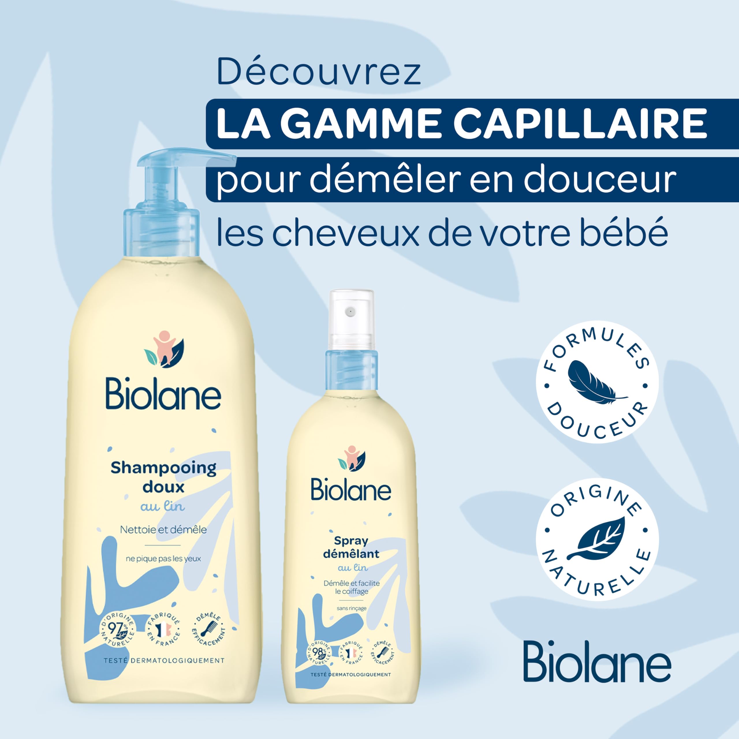 BIOLANE - Spray Démêlant Bébé – Démêle efficacement - Facilite le coiffage - Sans Rincage – Lin Français – 98% d'origine naturelle – 200ml