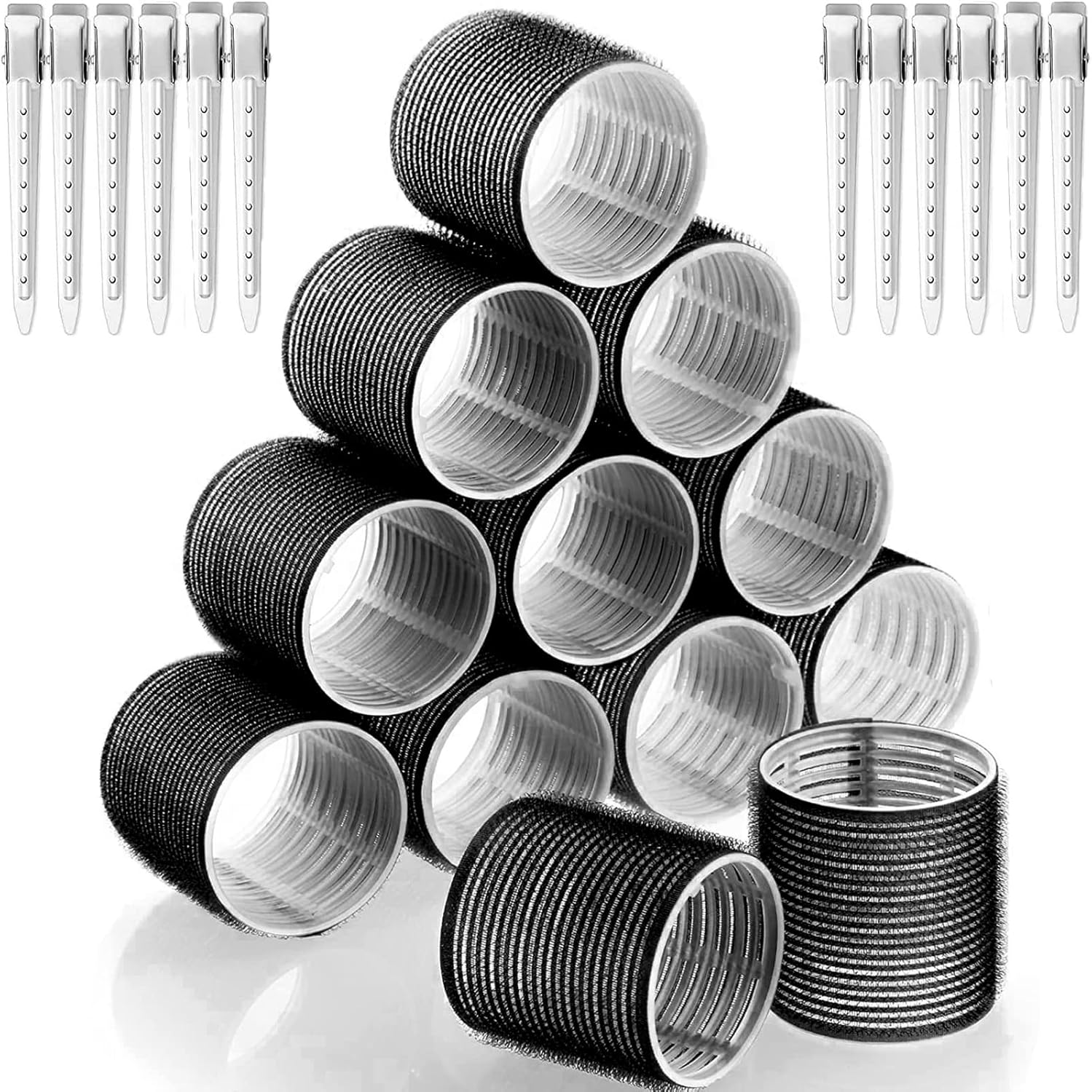 GNEUFVIE 24 Pcs Curlers Large Curls No Heat Self Adhesive Hair Curlers Large Heat Free Hair Rollers with 12 Pieces Duck Bill Clips for Long, Medium and Small Hair