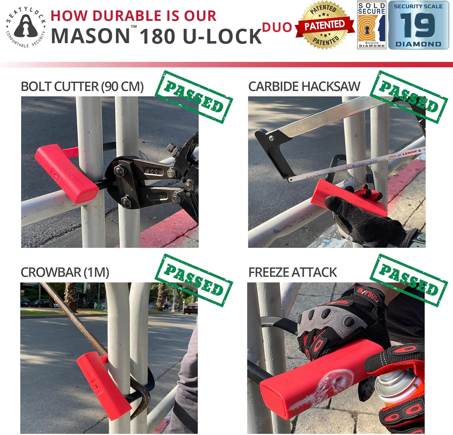 Seatylock Mason Bike U Lock - Patented Heavy Duty Anti Theft Diamond Secure ULock - Ultra Security Bicycle Safety Tool with Keys for City Electric or Mountain Bikes and Scooters