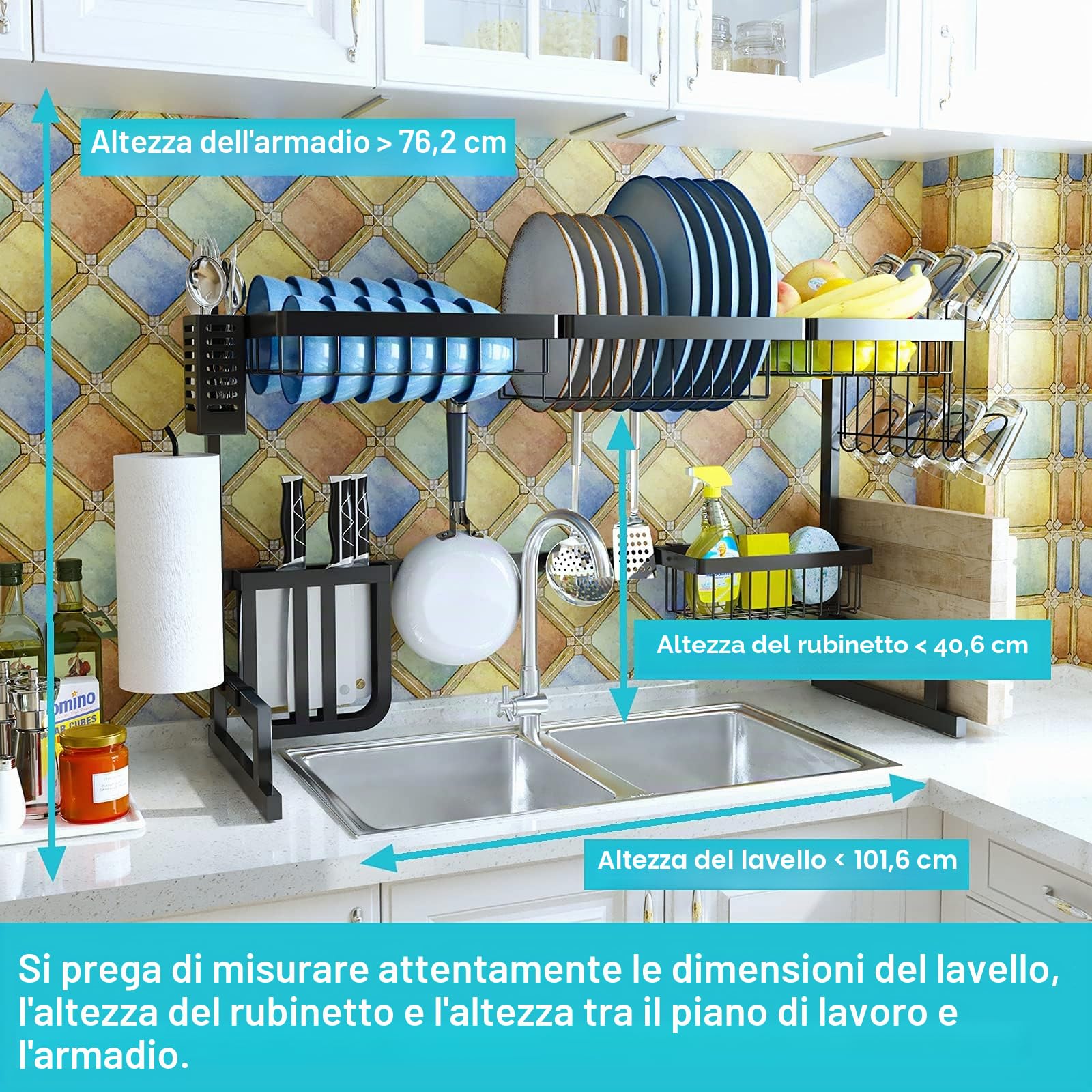 Scolapiatti sopra il lavandino - In acciaio inox regolabile (33 "-40") grande rack per stoviglie organizer da cucina salvaspazio mensola porta utensili scolapiatti