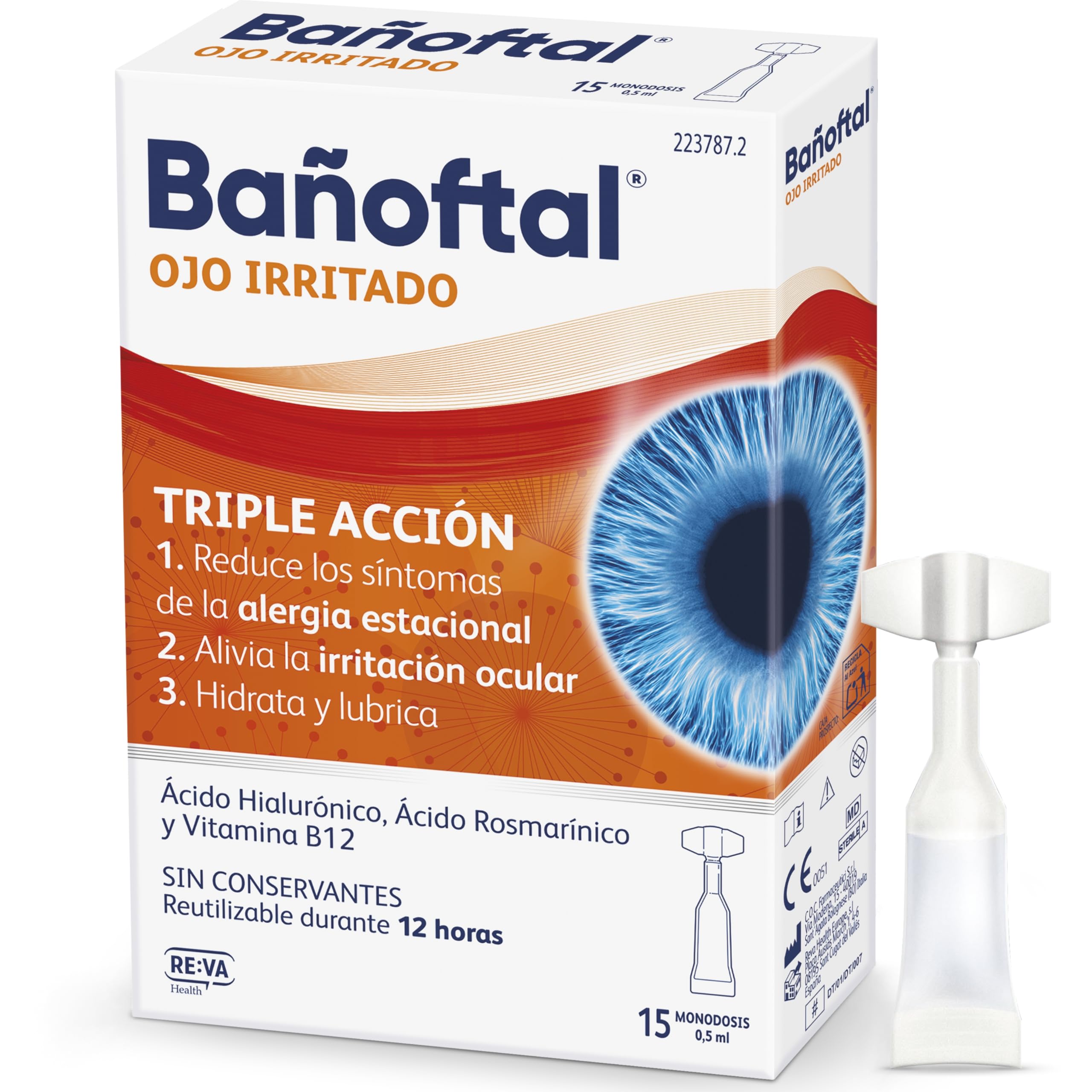 Bañoftal Ojo Irritado Monodosis – Gotas Oculares con Ácido Hialurónico, Ácido Rosmarínico y Vitamina B12 – Hidratación y Lubricación Ocular – Sin Conservantes – 15 Monodosis 0,5 ml