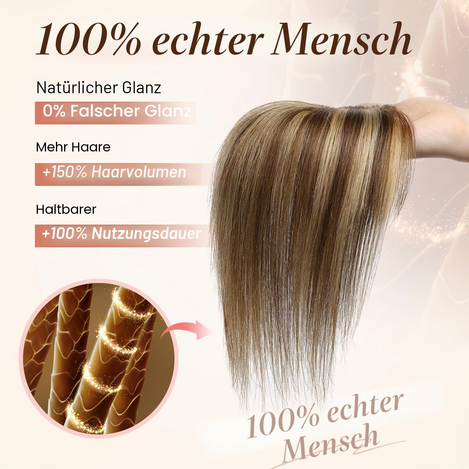 Flufymooz Echthaar-Topper für Frauen, 26 cm Real Human Hair Toppers for Women 100% Echthaar-Topper für dünner werdendes Haarteil 360° 3D Clip-in Pony-Haarteil-Mittelbraun mit blonden Strähnen