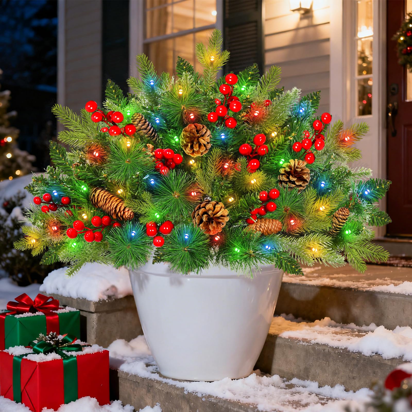 Lot de 2 urnes de sapin de Noël de 55,9 cm, minuterie pré-éclairée, 8 modes, 40 lumières LED avec 3 styles de branches, trépied, pommes de pin et baies, alimentation par piles, décoration d'extérieur