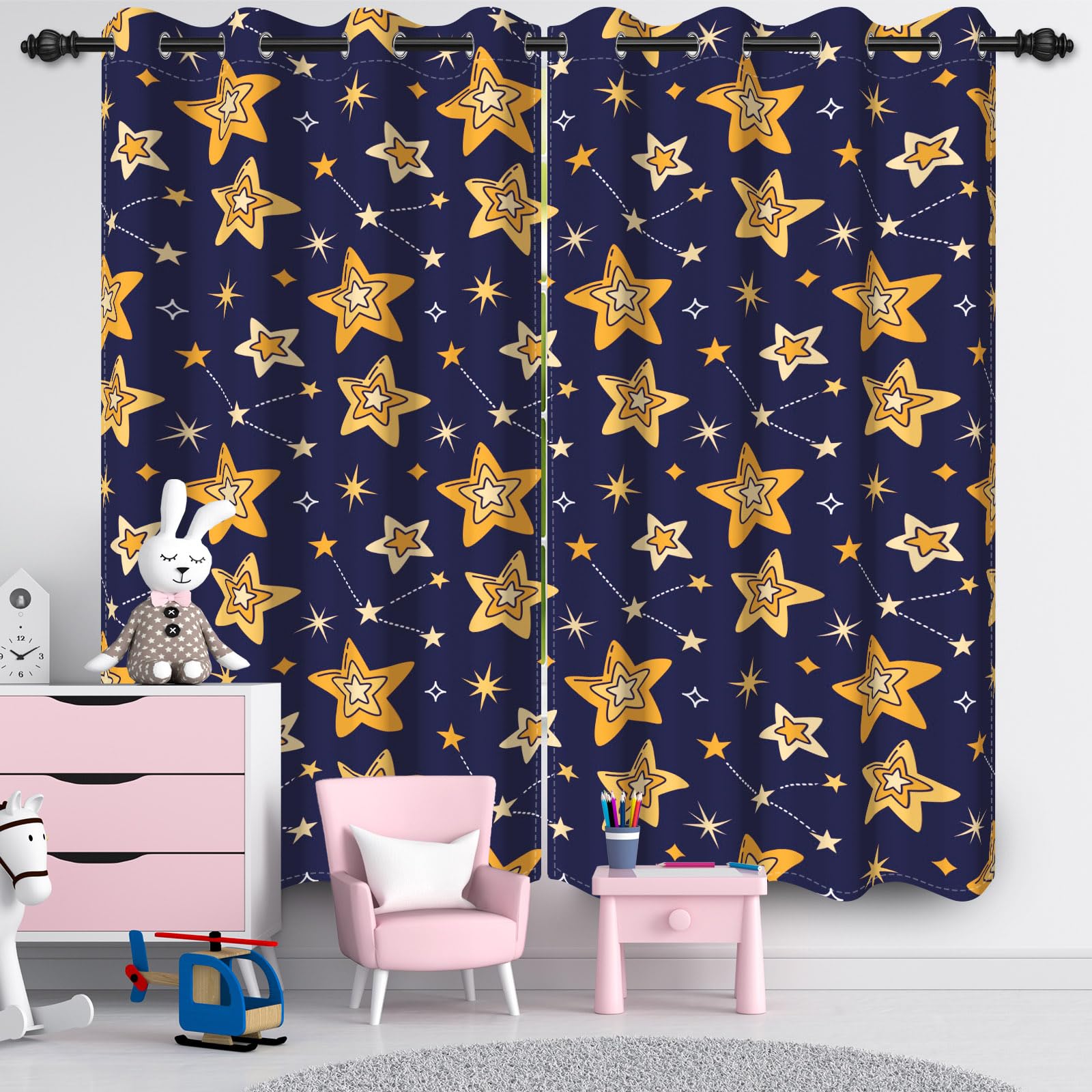 Ruelvth Star Blackout Curtains, Cute Little Star Children Bedroom Curtains Blue and Yellow Window Curtains with Grommets for Boys and Girls, 42x84 Inch, 2 Panels