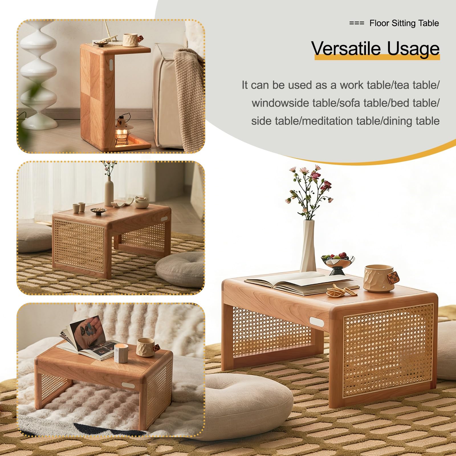 Tavolino da caffè in rattan intrecciato, tavolo basso in legno massello per tè, tavolino vintage piccolo per tatami, camera da letto, finestra a golfo, sala da tè