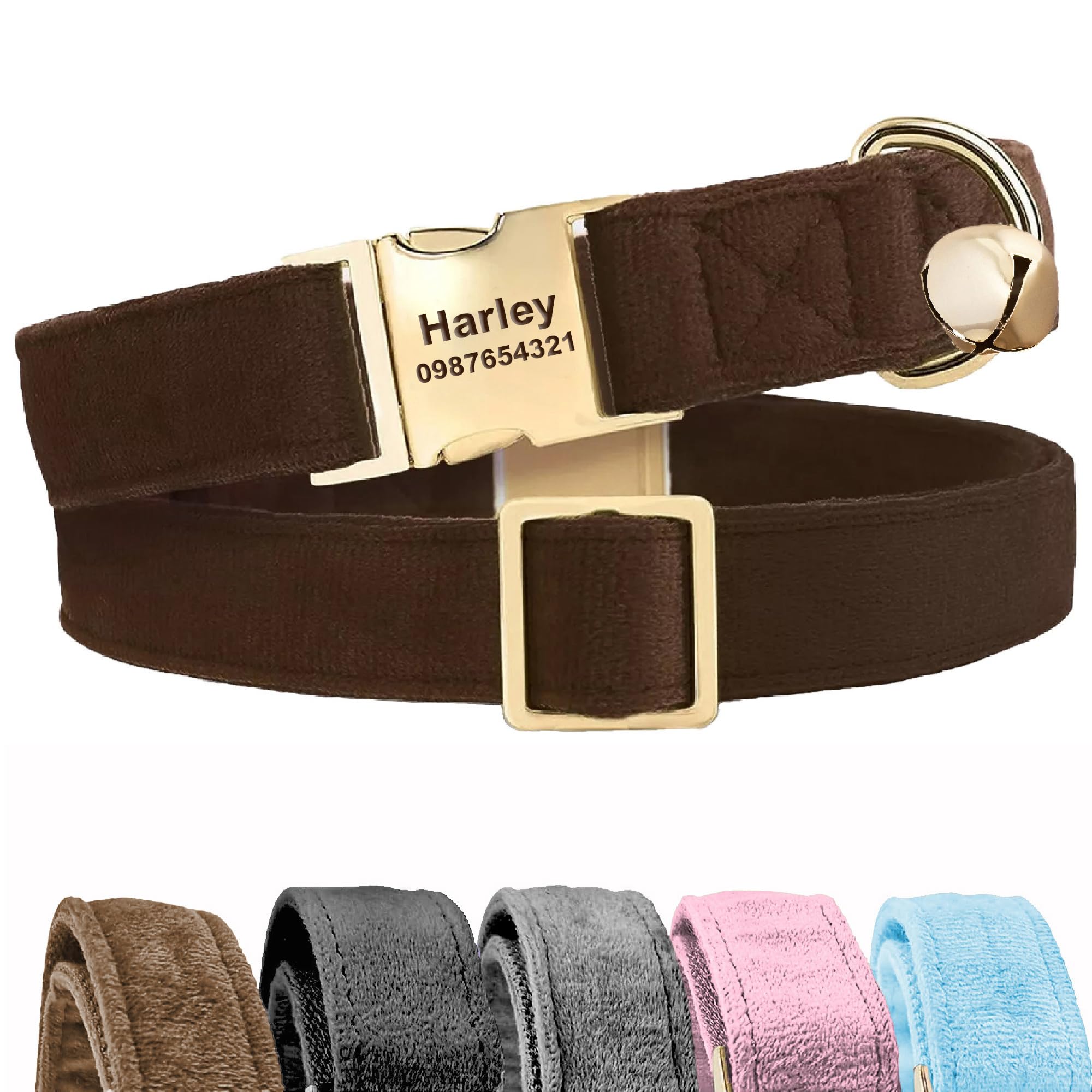KreateSquare Personalised Dog Collar with Name - Custom Engraved Velvet Pet Collar With Bell, Adjustable Collar for Puppy, Small, Medium, Large Dogs, Dachshund, French Bulldog (Chocolate, Large)