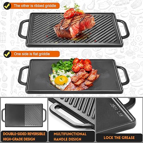 Miniatura 4 de GGC Parrilla reversible de hierro fundido, sartén de doble cara perfecta para parrillas de gas y estufas, 13 x 8.25 pulgadas rectangular para