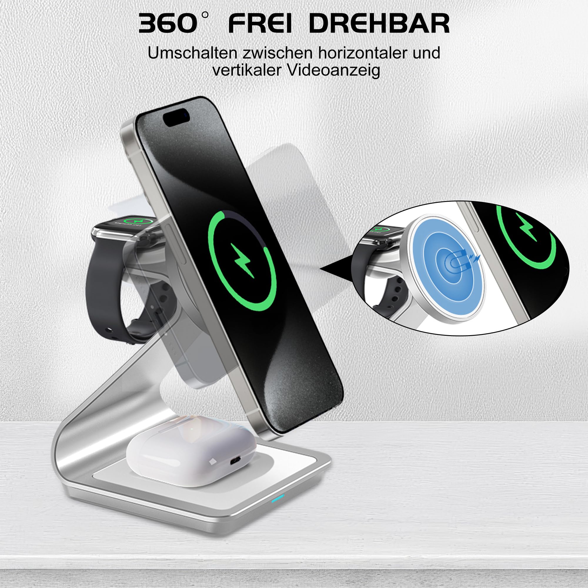 JE Indukcyjna stacja ładująca kompatybilna z ładowarką Magsafe, stacja ładująca 3 w 1, Apple Wireless Charger do iPhone 16/15/14/13/12, do Apple Watch 8/7/6/5/4/3/2/SE i AirPods 3/2/Pro (biała)