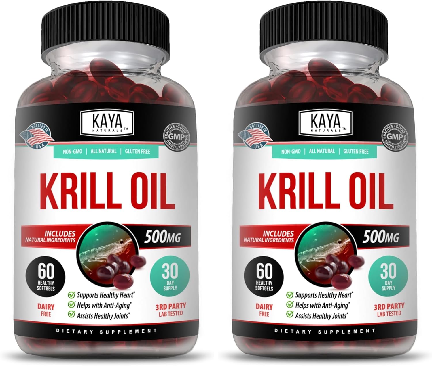 Kaya Naturals - Antarctic Krill Oil 500mg with Omega 3, EPA, DHA, Phospholipids & Astaxanthin Supplement - Brain & Health Vitamin - Anti Aging Supplement - 60 Count Softgels (Pack of 2)