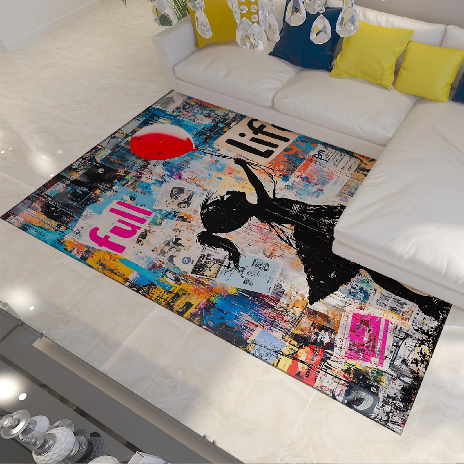 Tapis street art silhouette fille ballon rouge lavable 160x230cm grand format salon