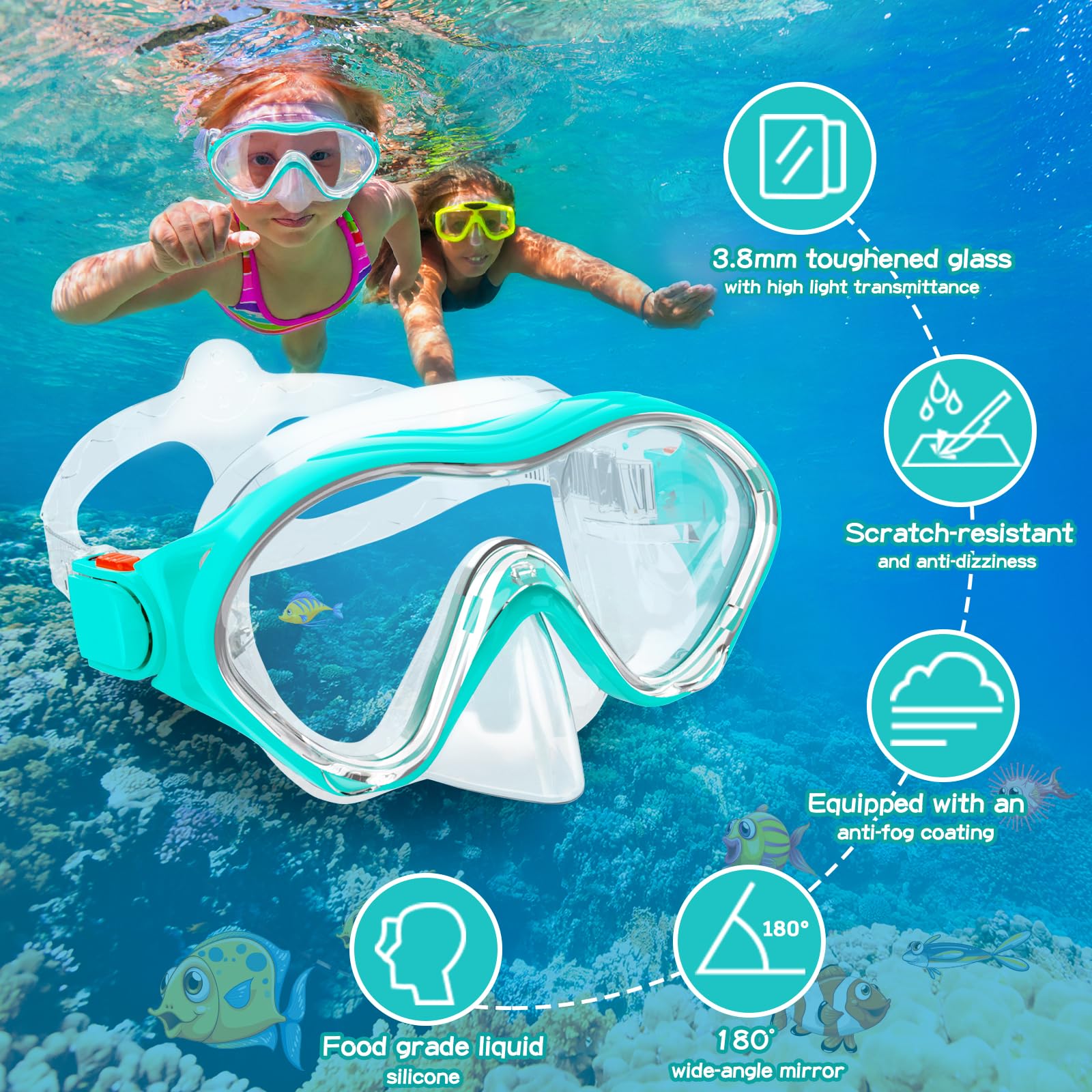 Snorkeling Gear for Kids with Foldable Silicone Full Dry Snorkel, Kids Snorkel Set Anti Leak Youth Junior Snorkeling Package Diving Mask Soft Tube with Mesh Bag Swimming Goggles, Water Green