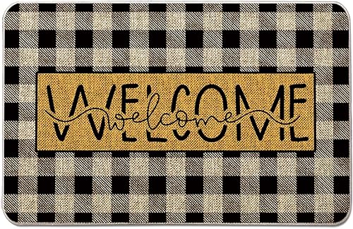 GAGEC Felpudo de bienvenida con texto en inglés Hello Door de búfalo de bienvenida, alfombra de entrada, decoración de casa de campo, para el hogar,