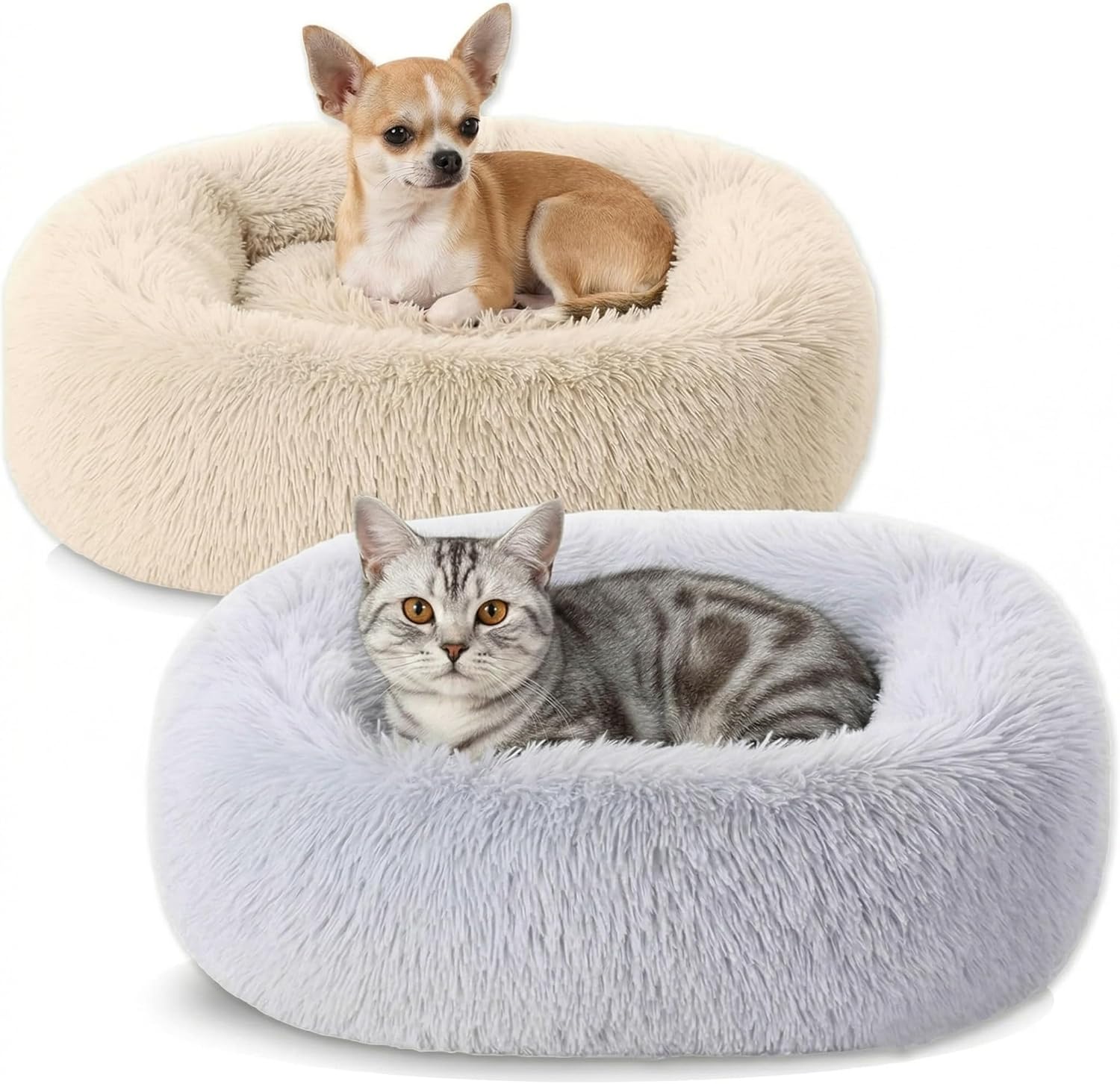 2-Pack Small Calming Dog & Cat Bed Anti Anxiety Fluffy Plush Pet Beds with Anti-Slip Bottom Machine Washable Interchangeable Pet Bed for Kittens & Puppies(Gray Series,21x16.5 Inch)