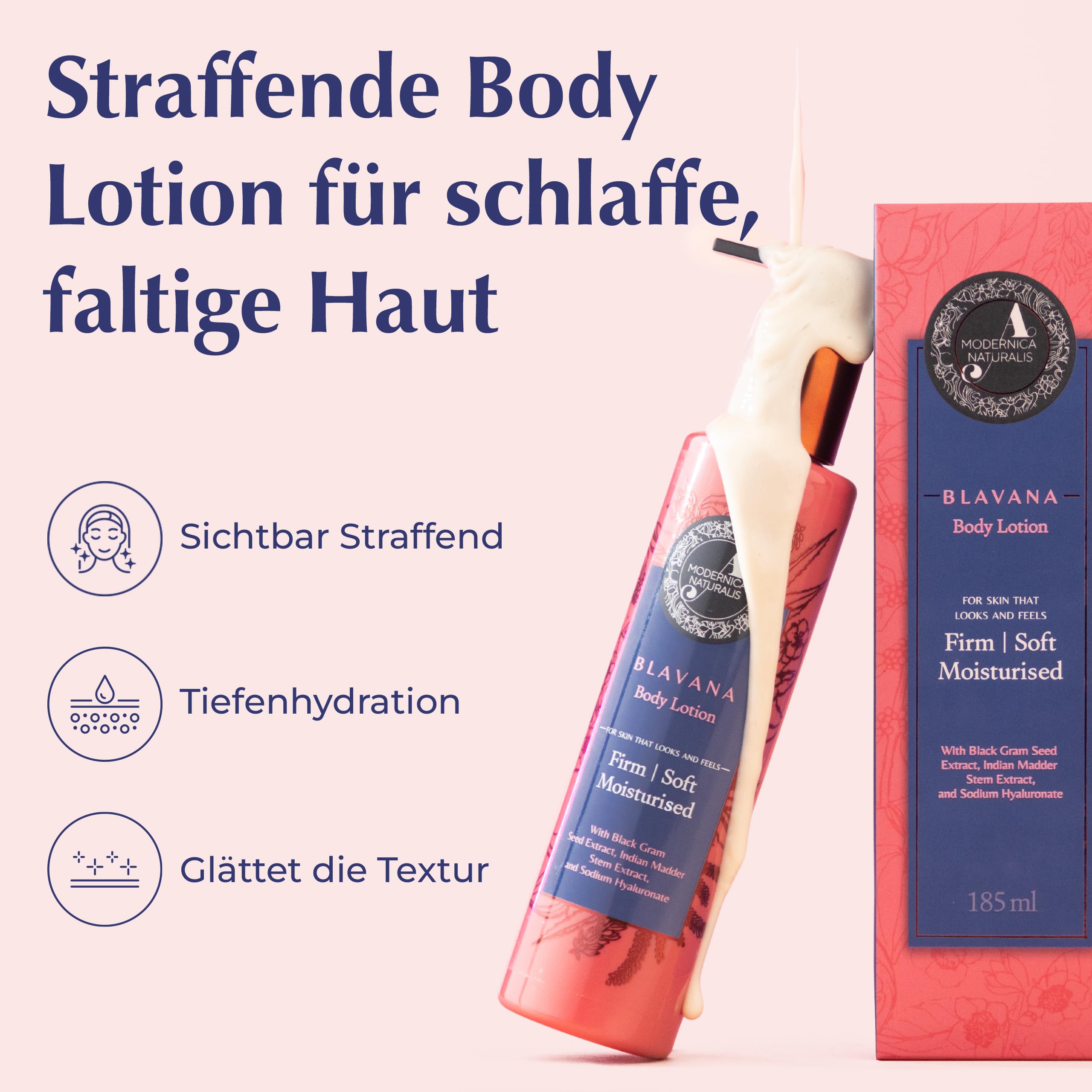 Blavana Körperlotion- Intensive Pflege für trockene, reife Haut mit sichtbar verbesserter Spannkraft | Mit Schwarzes Gramm, Sheabutter & Natriumhyaluronat | Leichte, nicht-fettige Formel | 185 ml