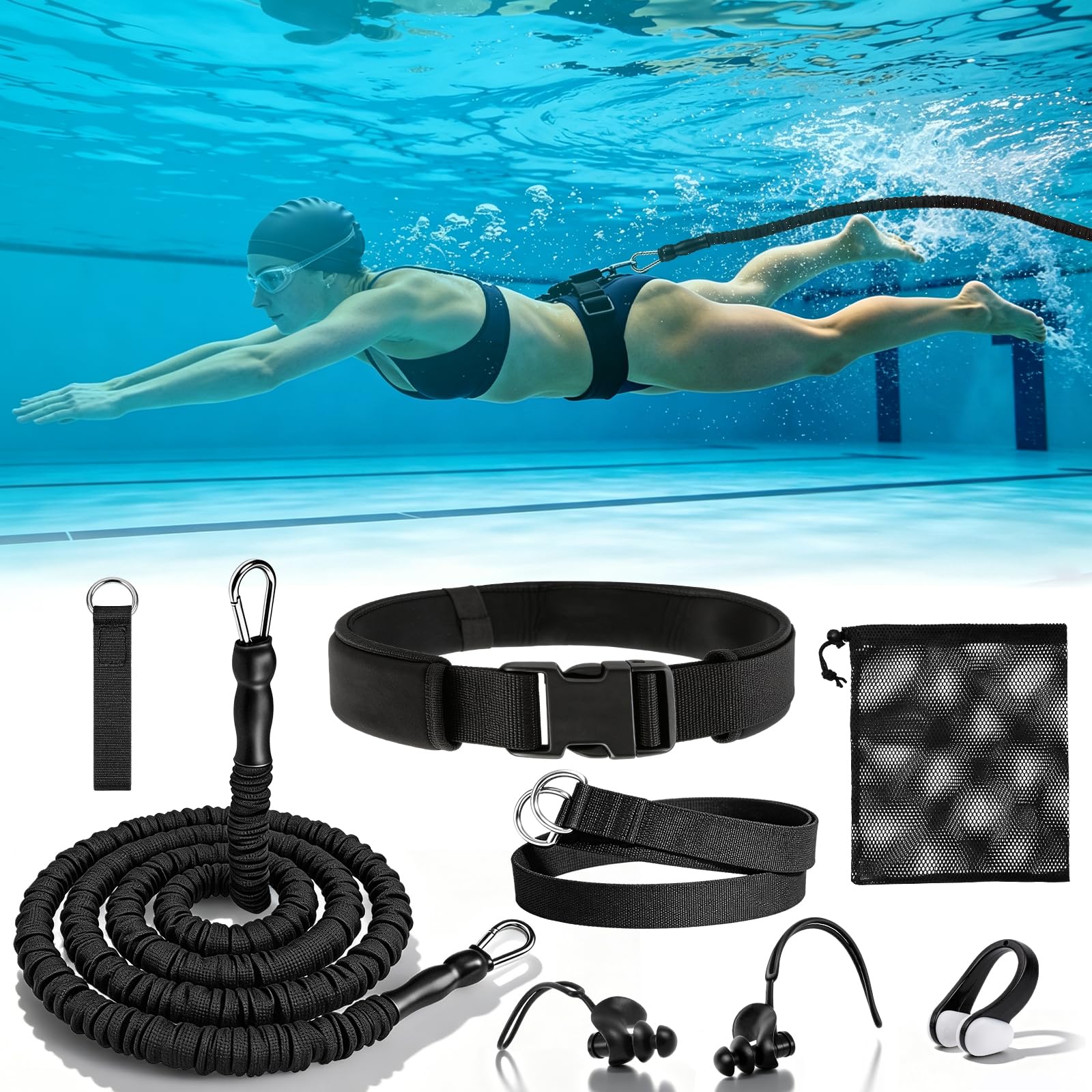 2026 Premium Schwimmgurt für Pool, 2.5-8.5M Einstellbare Schwimmgürtel Erwachsene für Pool, Schwimmhilfe mit Elastischen Gummibändere für Jedes Schwimmbad Schwimmtrainer