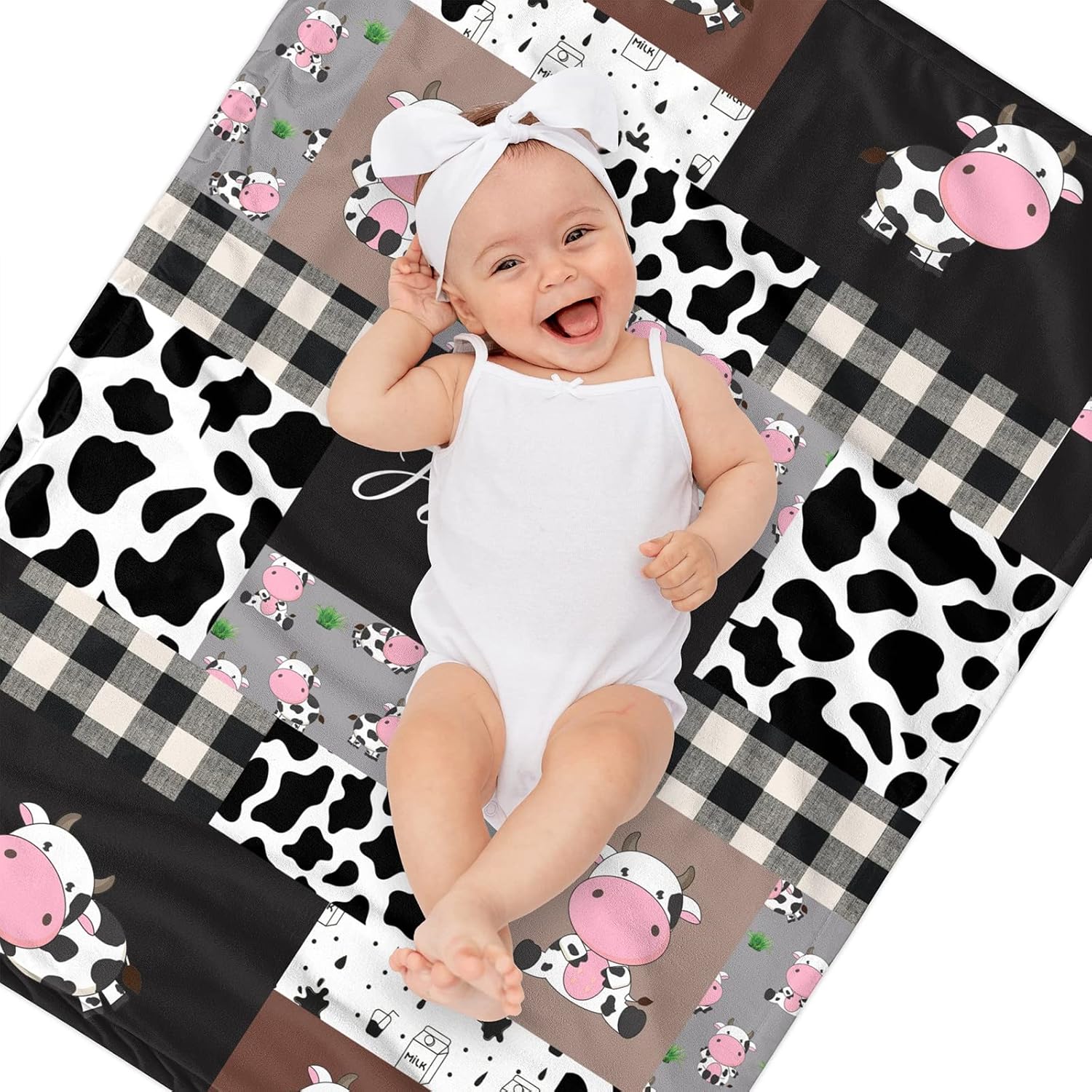 Personalized Crib Bedding Set for Boys Girls, Custom Baby Sets with Name, Cute Cow Theme Nursery, 2 Piece, Stripes Plaid Neutral Comforter, Fitted Sheet Babies