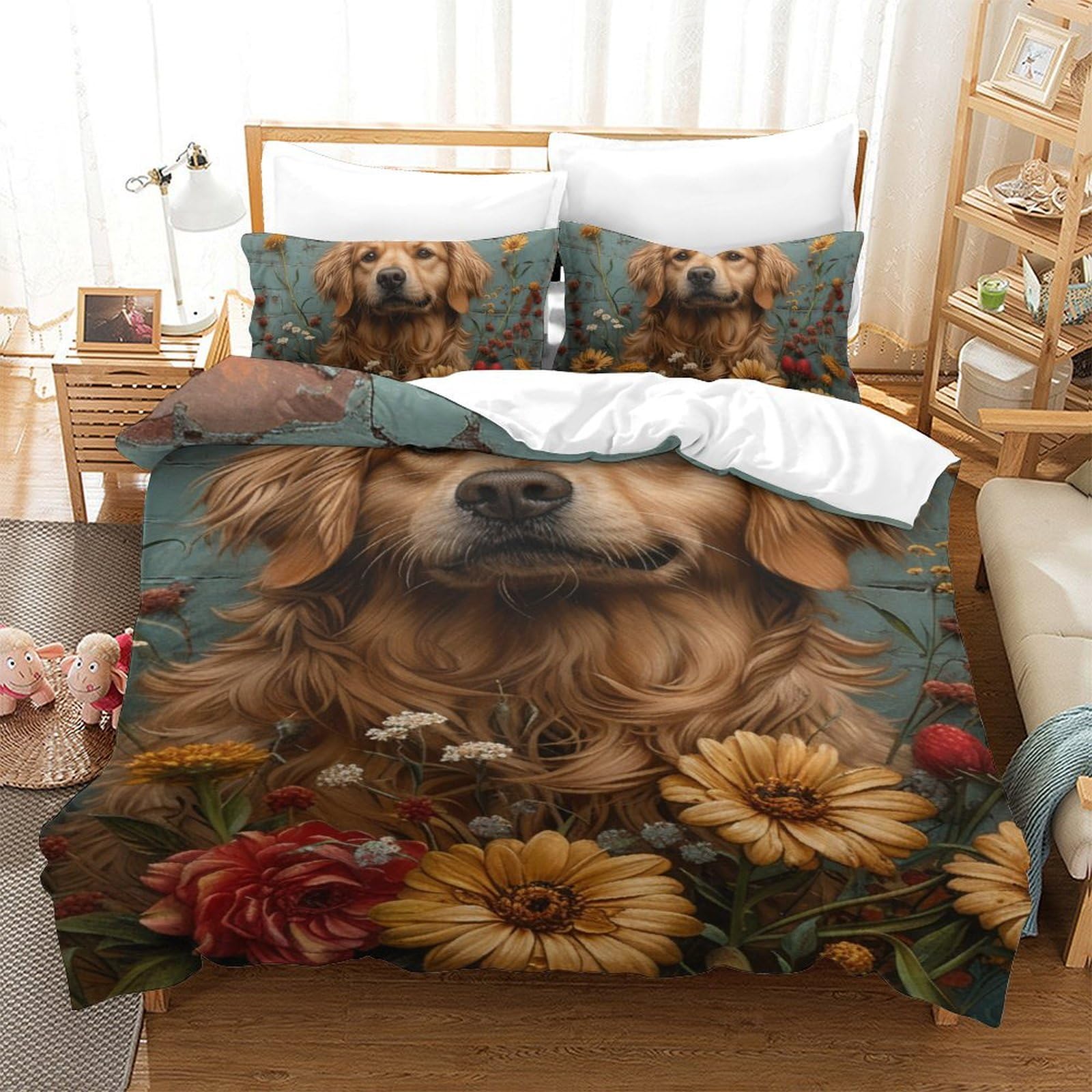 Housse de couette fermeture éclair Golden Retriever 140x200 anti-glissement pour lit 1 place