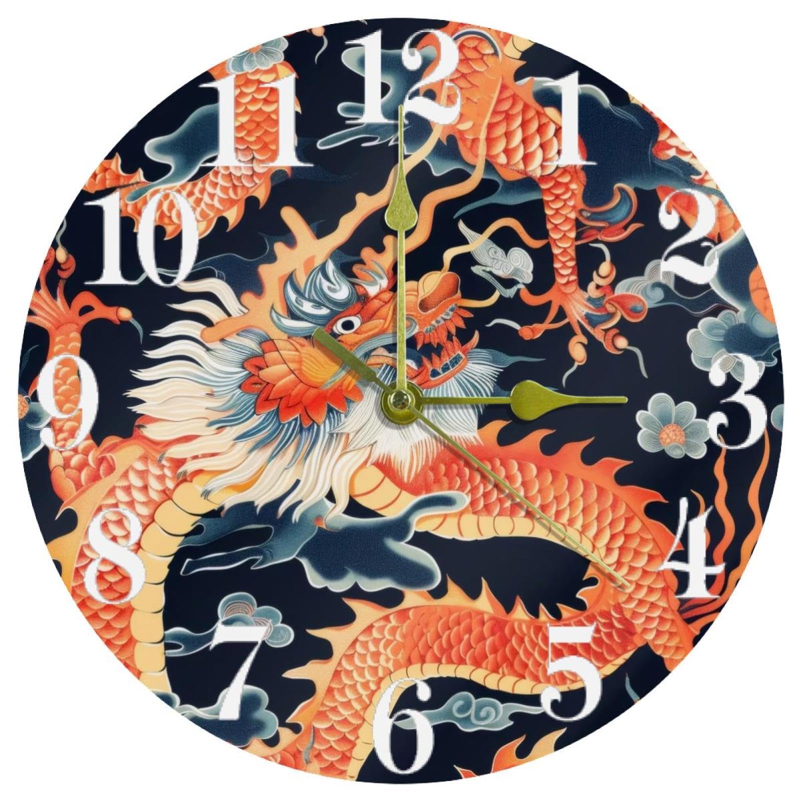 Horloge murale ronde à quartz sans bruit pour retrouver le sommeil avec un design dragon rouge
