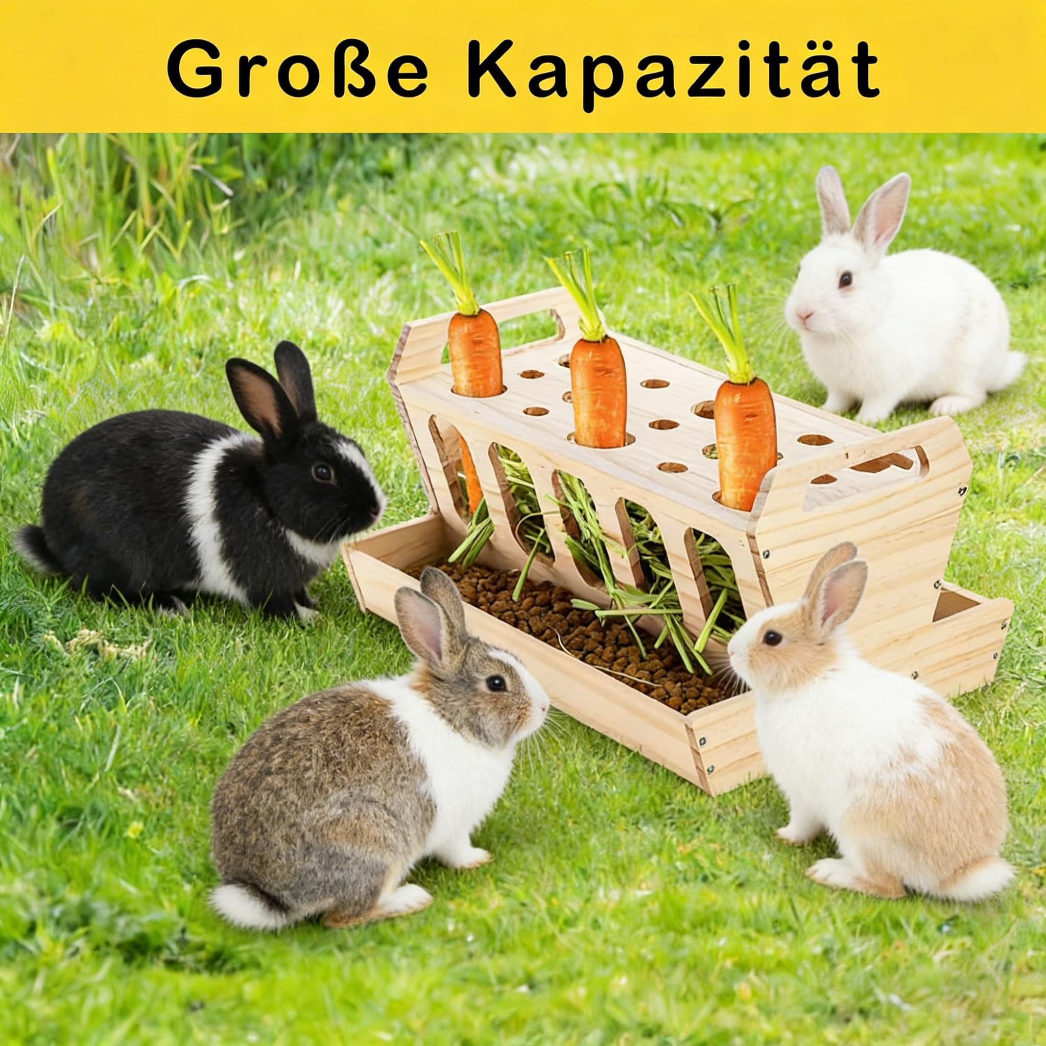Gran comedero para conejos y cobayas, accesorios para conejos, comederos con soporte para zanahorias de madera natural sin tratar, 30 x 22 x 18 cm, comedero para conejos, accesorios para cobayas