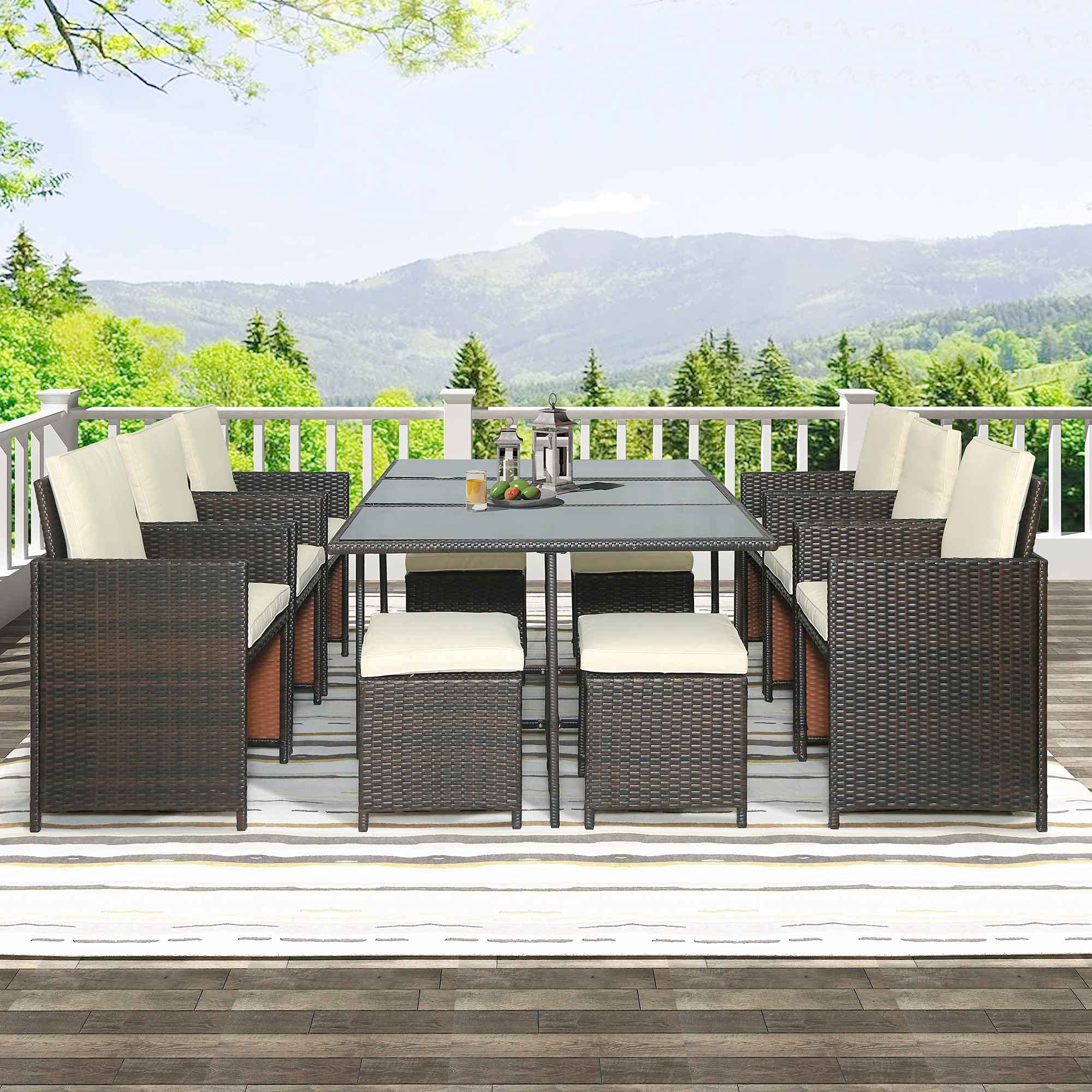 Tulib 11 Pieces 11Pieces Patio Dining Sets, Outdoor Space Saving Rattan Chairs with Glass Table, PE Wicker Furniture Cushi...