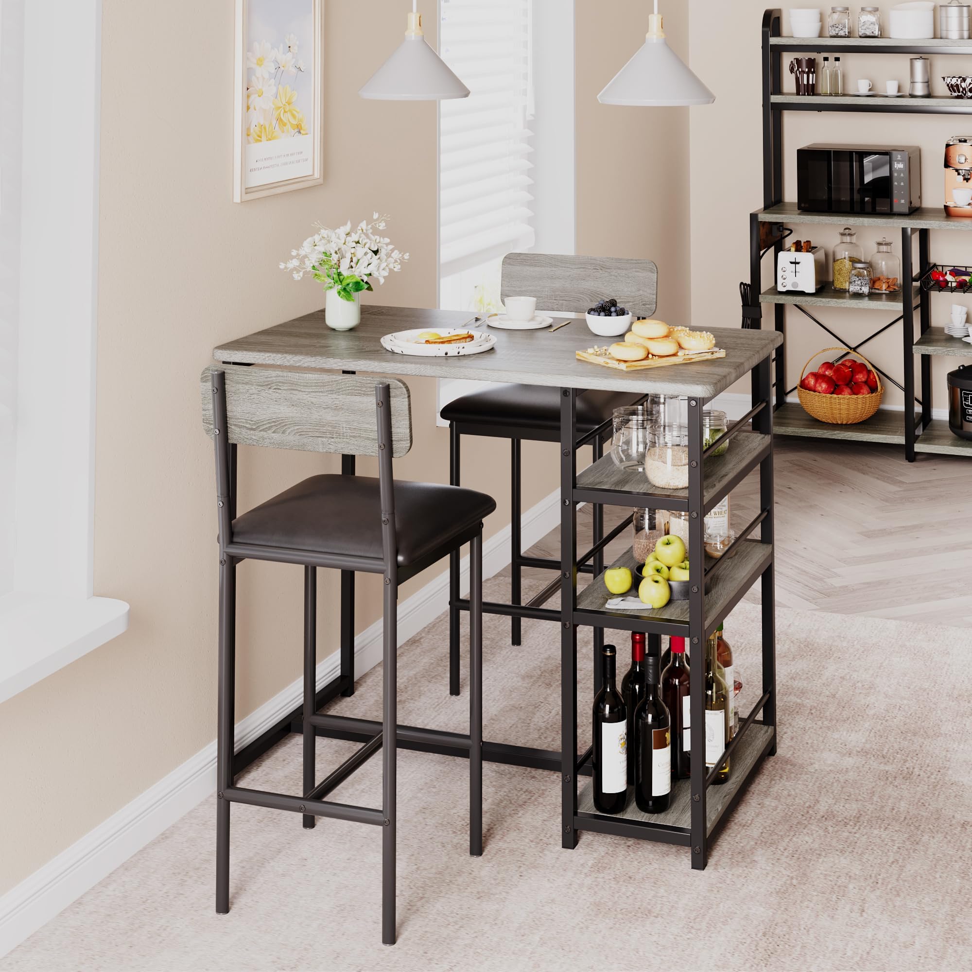 GarveeHome Set di 3 tavoli rialzati – 1 tavolo + 2 sedie imbottite, tavolo da cucina compatto con 3 ripiani, salvaspazio e stabile, metallo + MDF, ideale per cucina, bar e angolo colazione, grigio