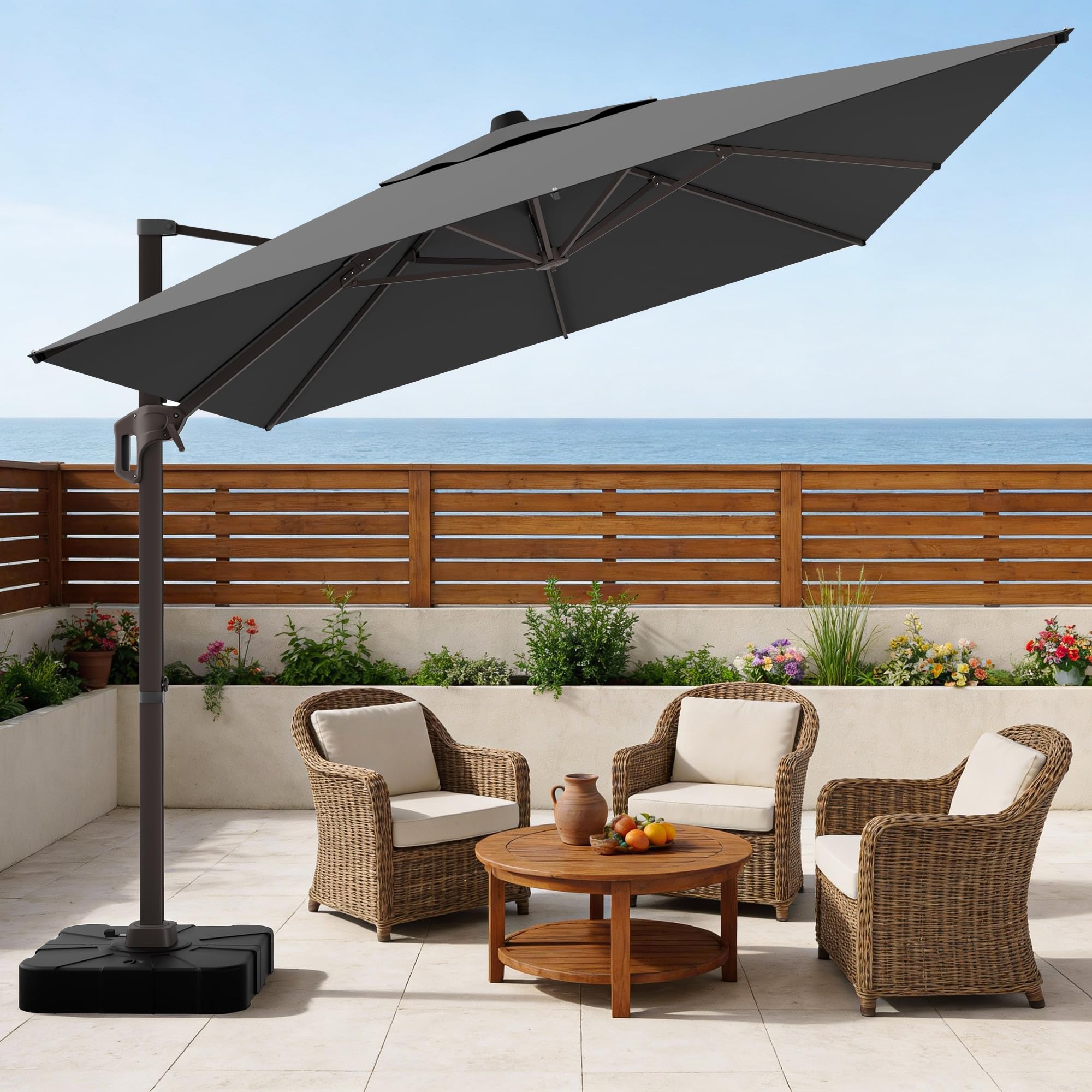 UMBFUN Sonnenschirm 300 x 400 cm mit Fußpedal und Kreuzsockel,Groß Ampelschirm,Kurbel Doppeldach Gartenschirm mit 360° Drehbar für Terrasse,Pool,Outdoor,Balkon Sonnenschutz
