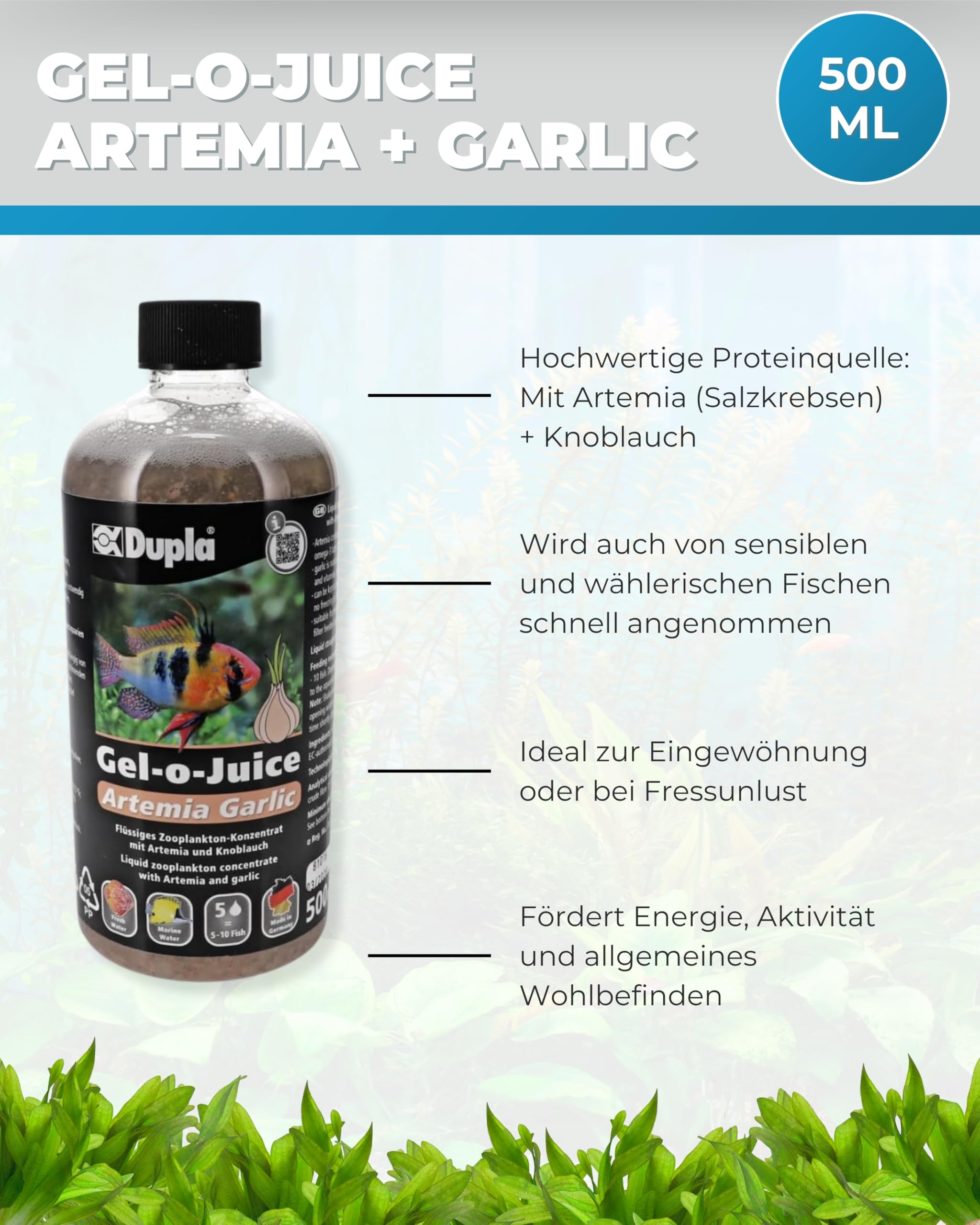 Dupla Gel-o-Juice Artemia + Garlic I 500 ml I flüssiges Zooplankton-Konzentrat mit Artemia und Knoblauch I für gutes Fischwachstum und gesunde Korallen I nährstoffreiches Fischfutter