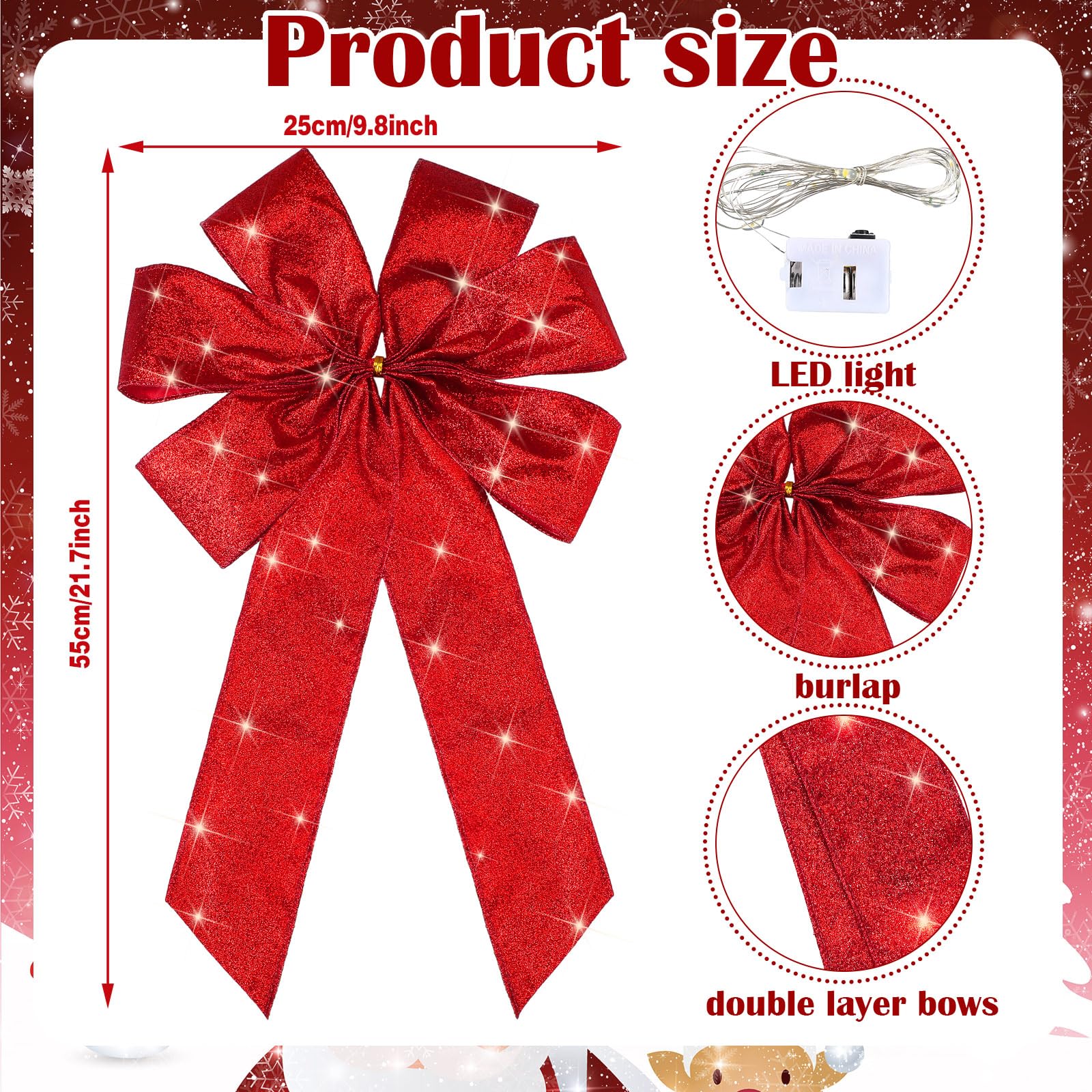 4 Pcs Christmas Red Bow for Tree Wreath 21.7 x 9.8 Inch Large Xmas Red Wreath Burlap Bow Christmas LED Lights Tree Ornaments Winter Door Wall Decor Xmas Tree Topper for Indoor Outdoor Home Decoration